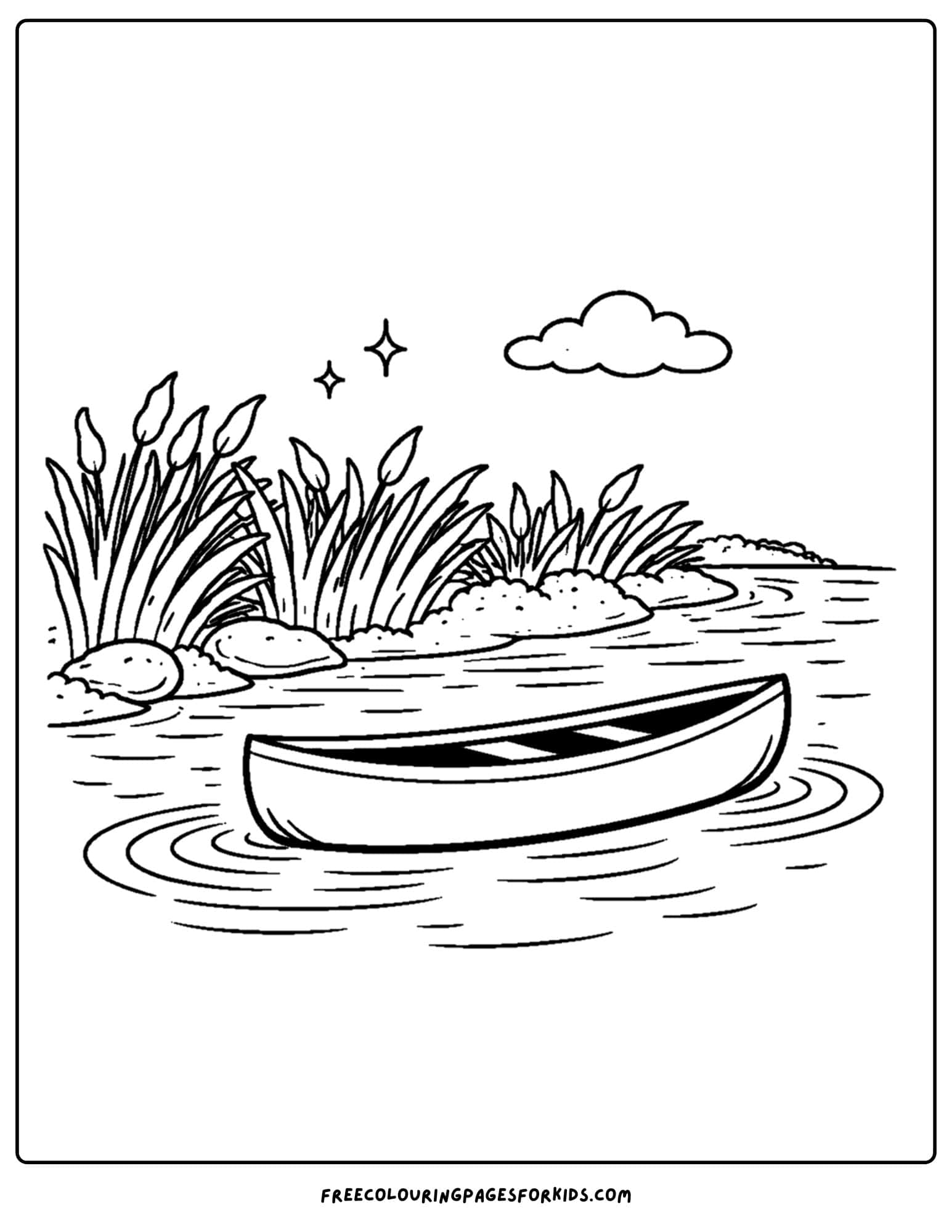 a coloring page of a canoe resting on the shore next to some river reeds