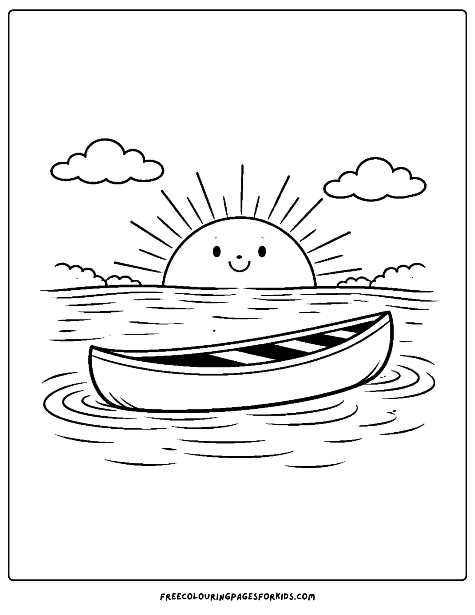 a coloring page of a canoe on the lake with the sun setting behind it