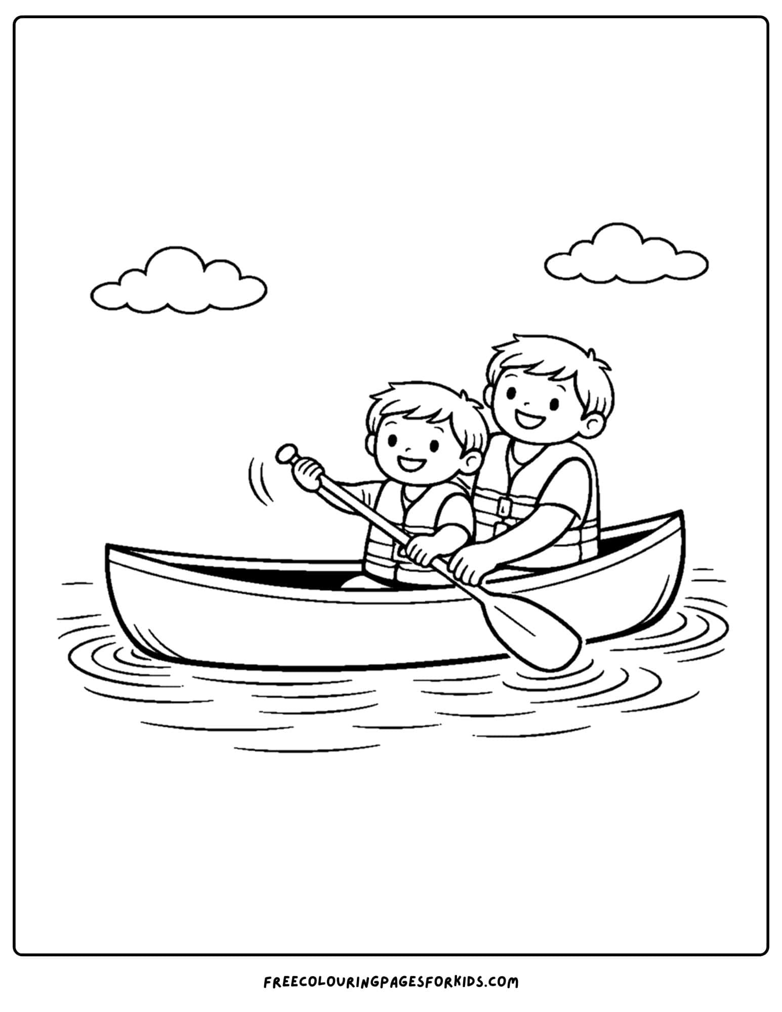 a coloring page of a canoe with a parent and child paddling together