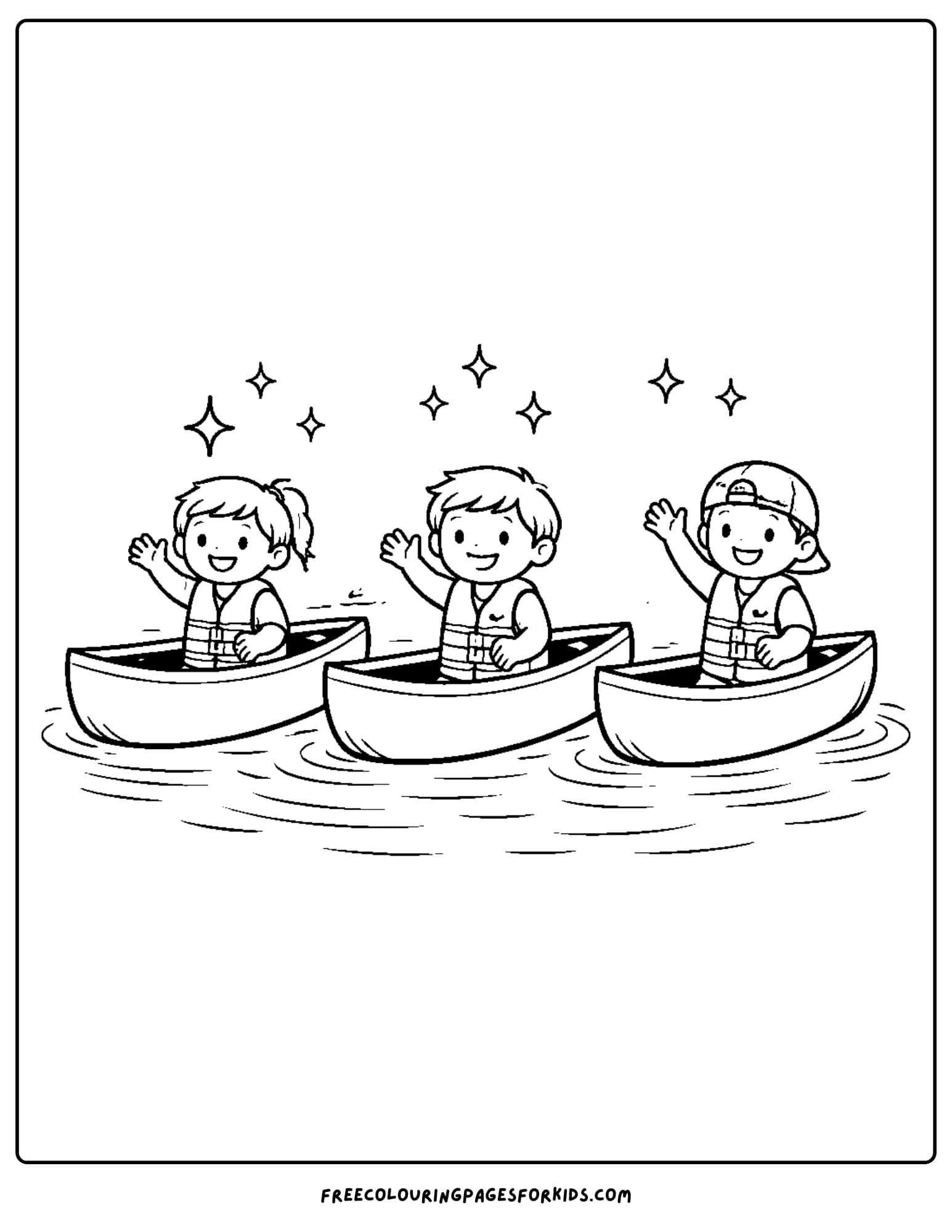 a coloring page of three canoes each with a child in it waving