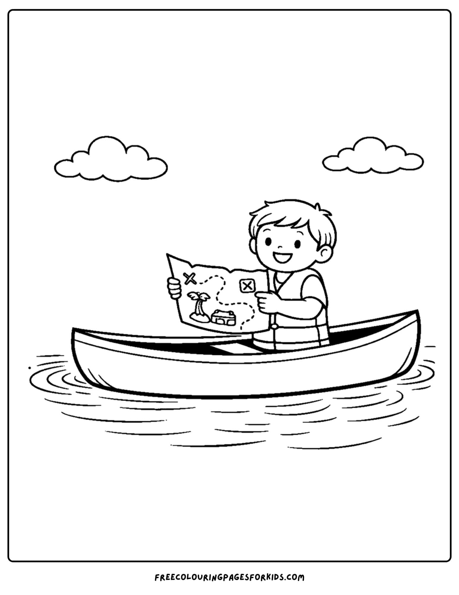 a coloring page of a canoe with a boy in it holding a map