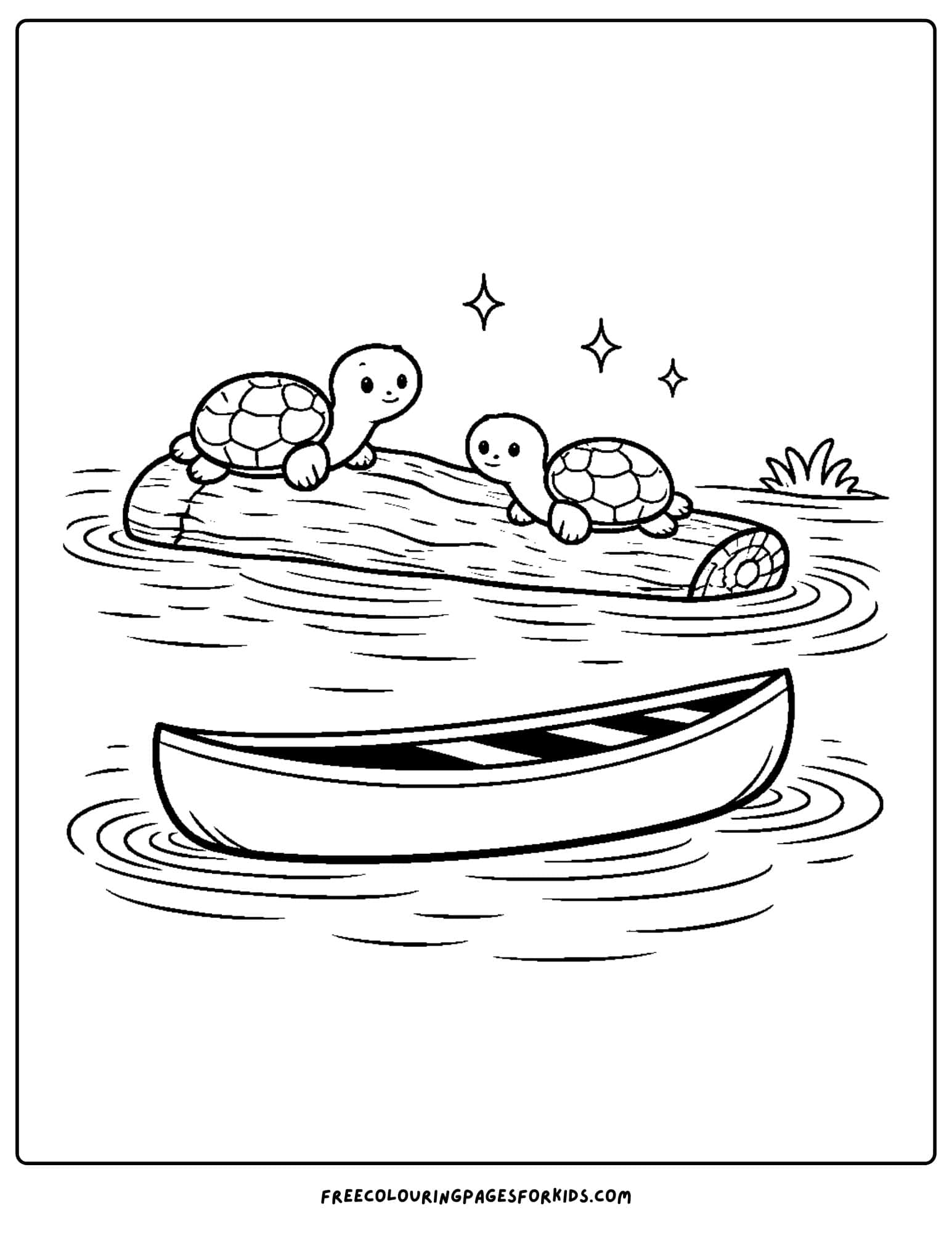 a coloring page of a canoe next to two turtles on a floating log