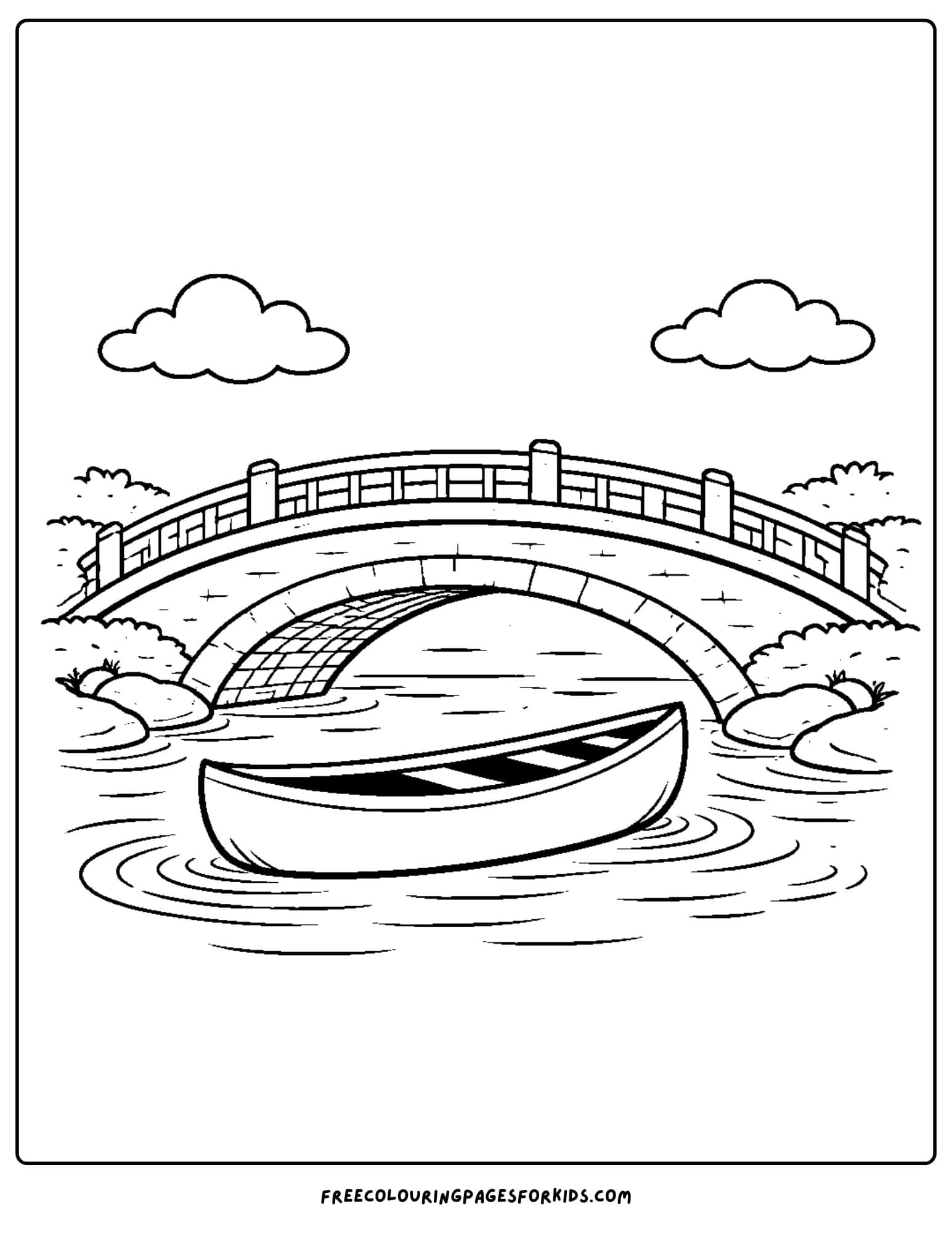 a coloring page of a canoe going under an arched bridge