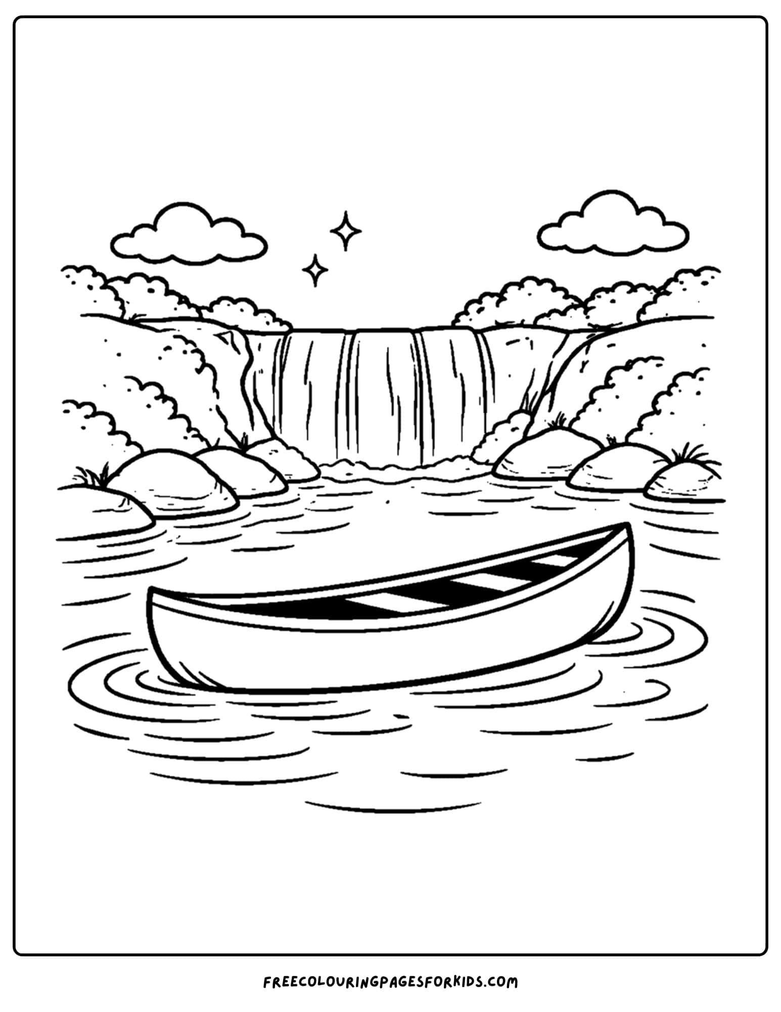 a coloring page of a canoe floating in the water below a waterfall