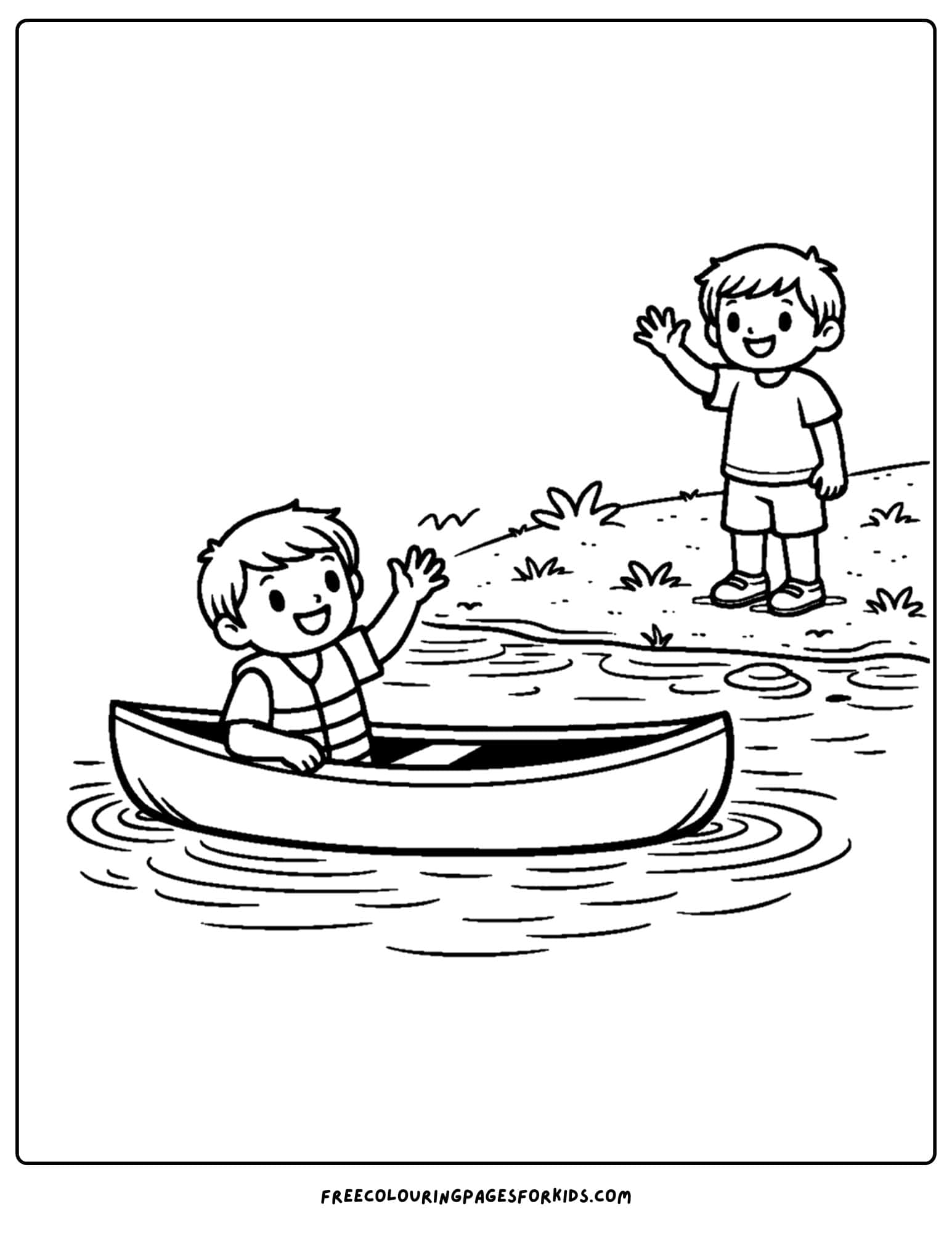 a coloring page of a canoe with someone waving the the child in it