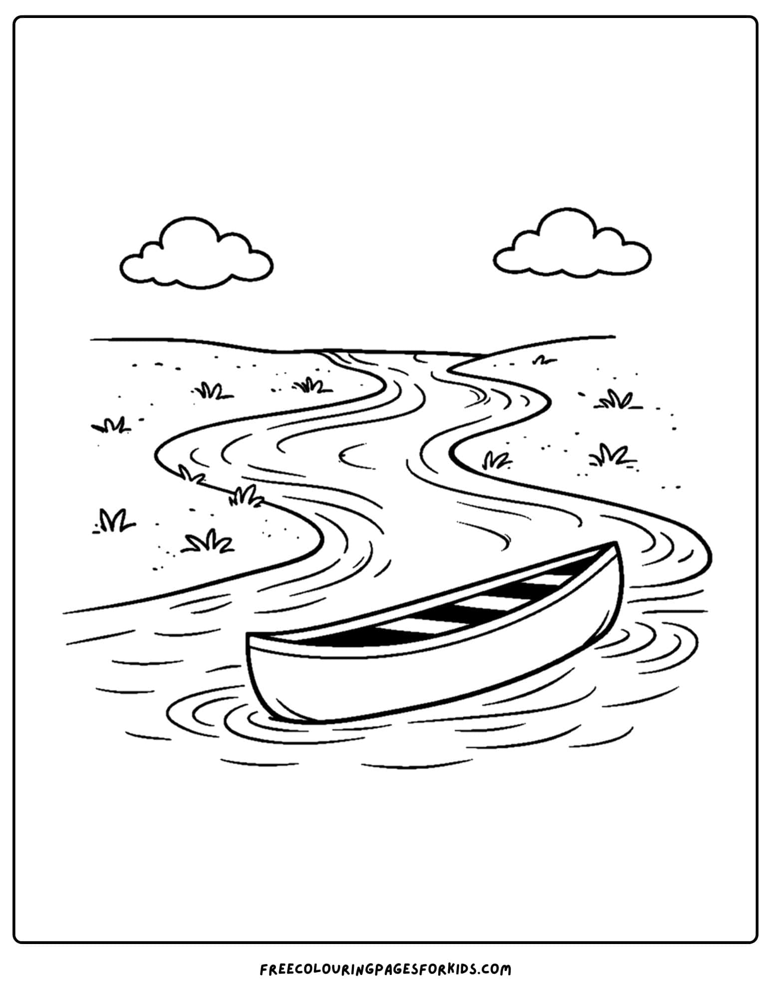 a coloring page of a canoe winding down a river