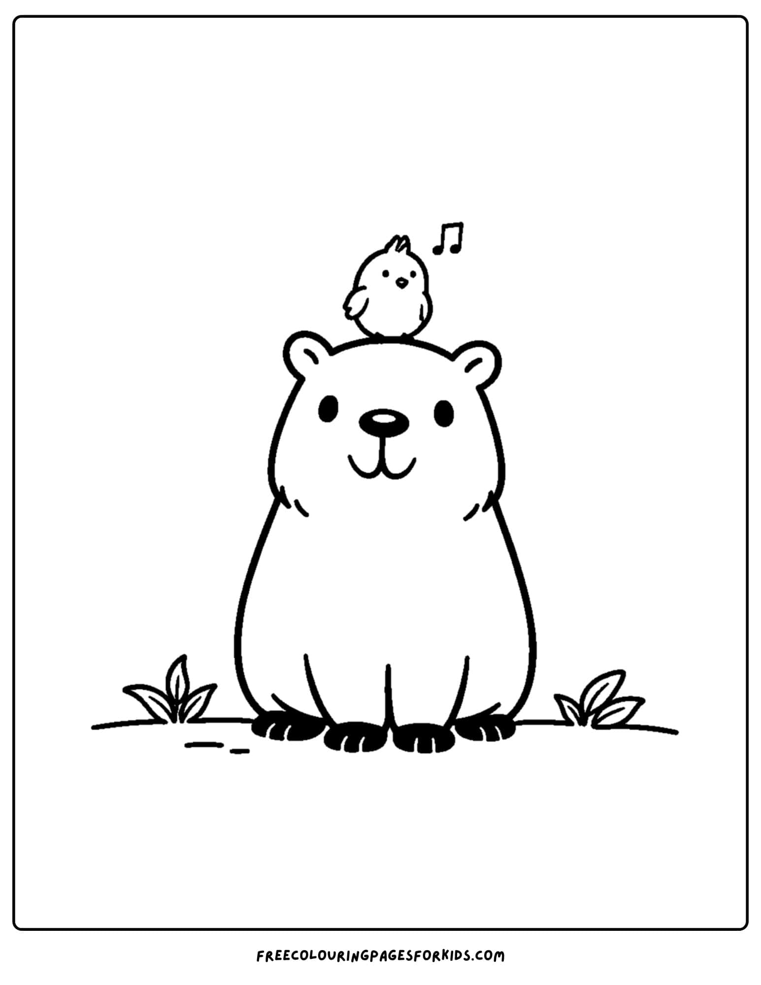 a coloring page of a capybara with a bird on its head