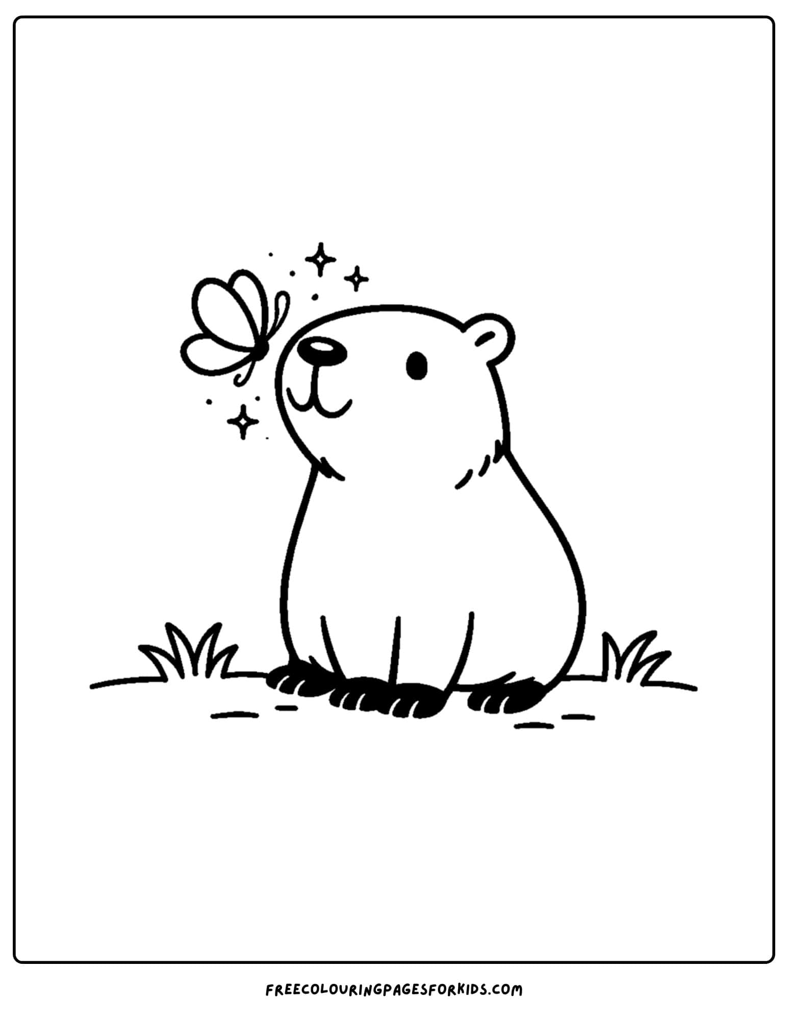 a coloring page of a capybara with a butterfly on its nose
