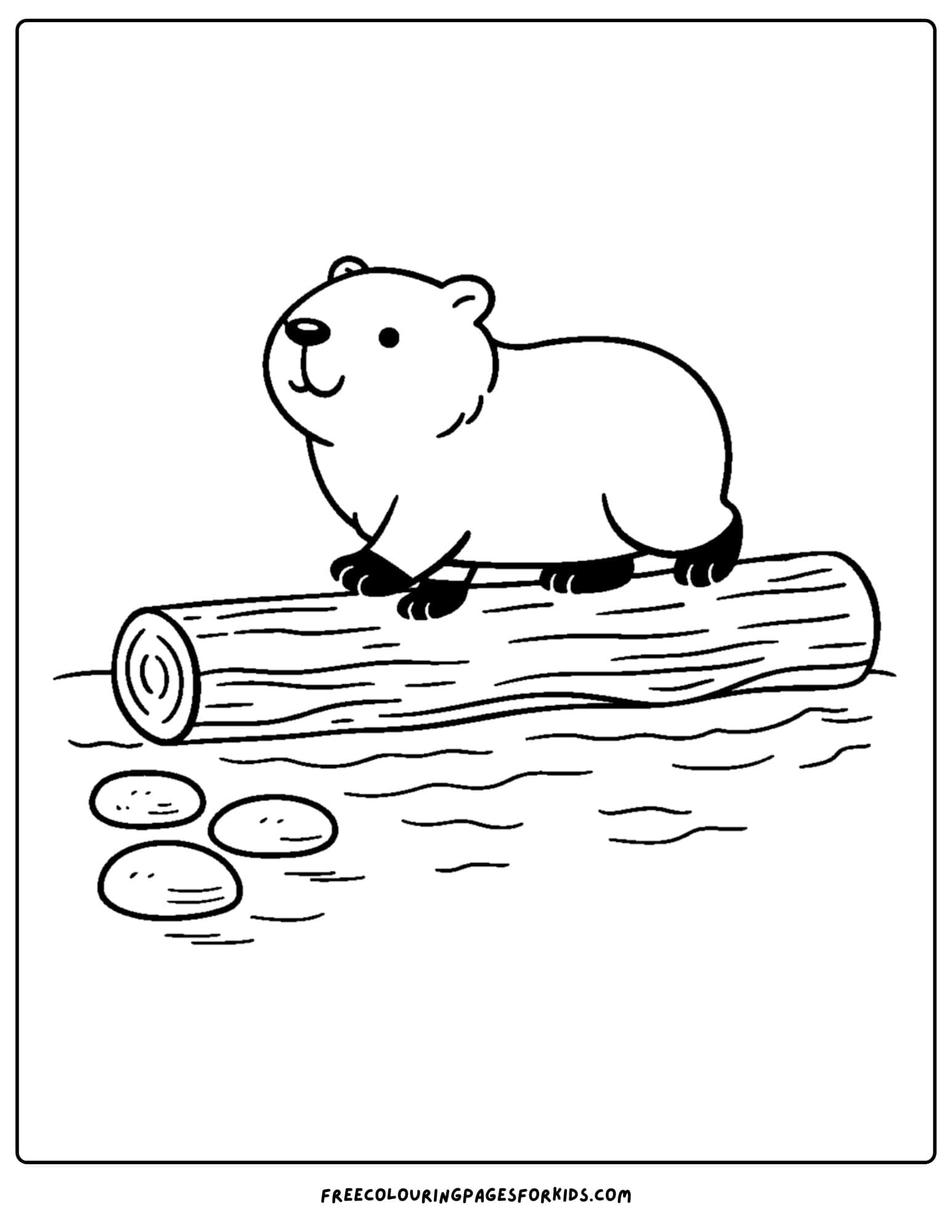 a coloring page of a capybara crossing on a log bridge