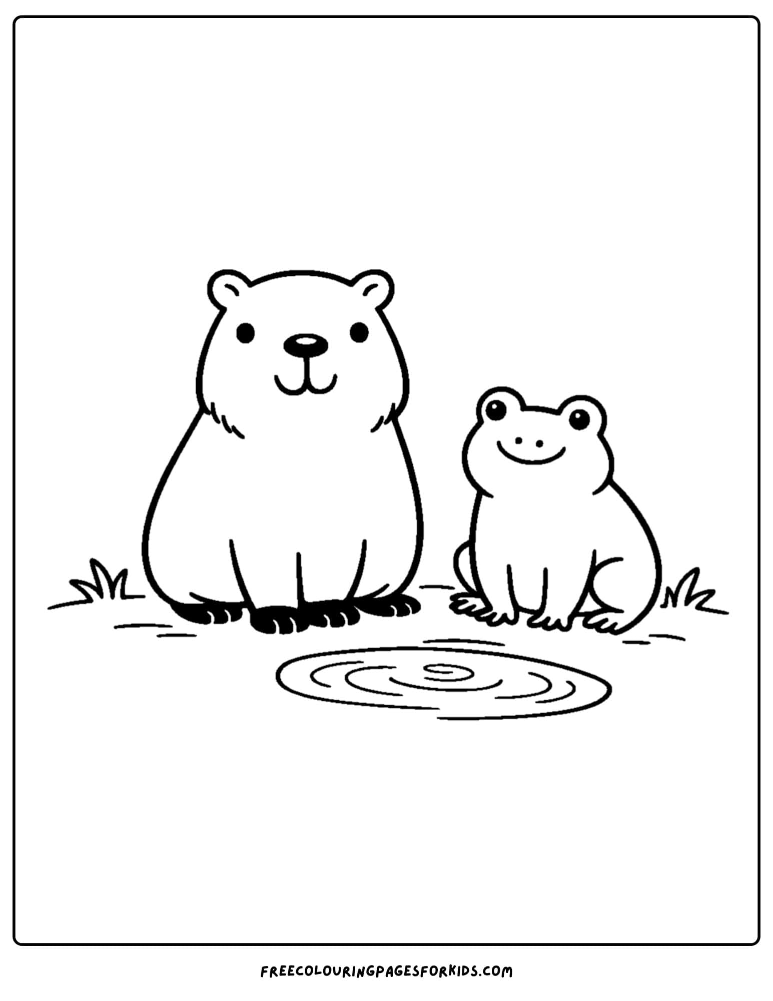 a coloring page of a capybara with a frog