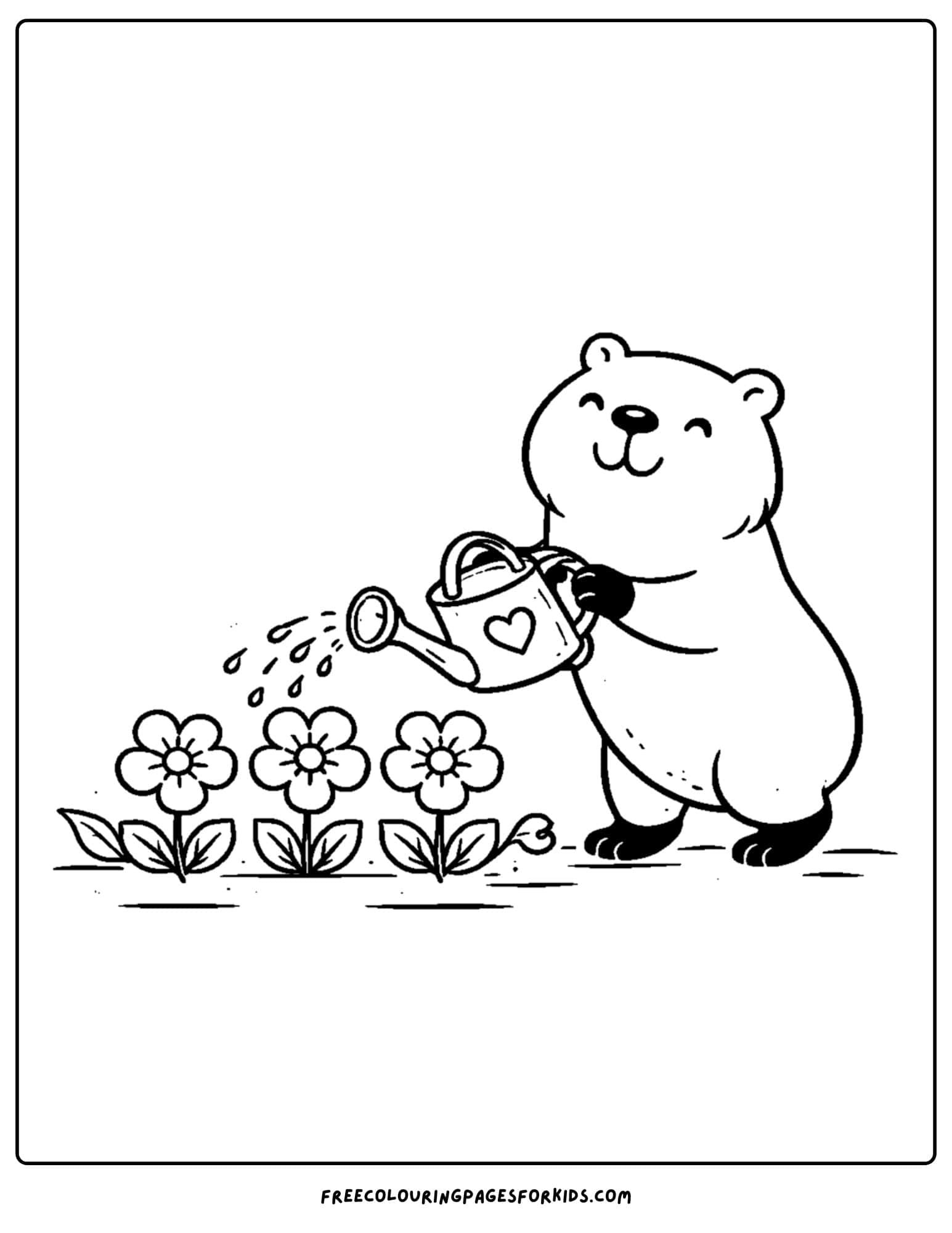a coloring page of a capybara watering flowers