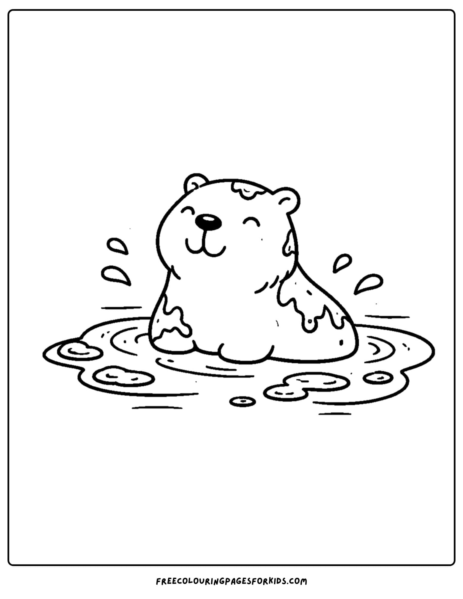 a coloring page of a capybara happy in some mud