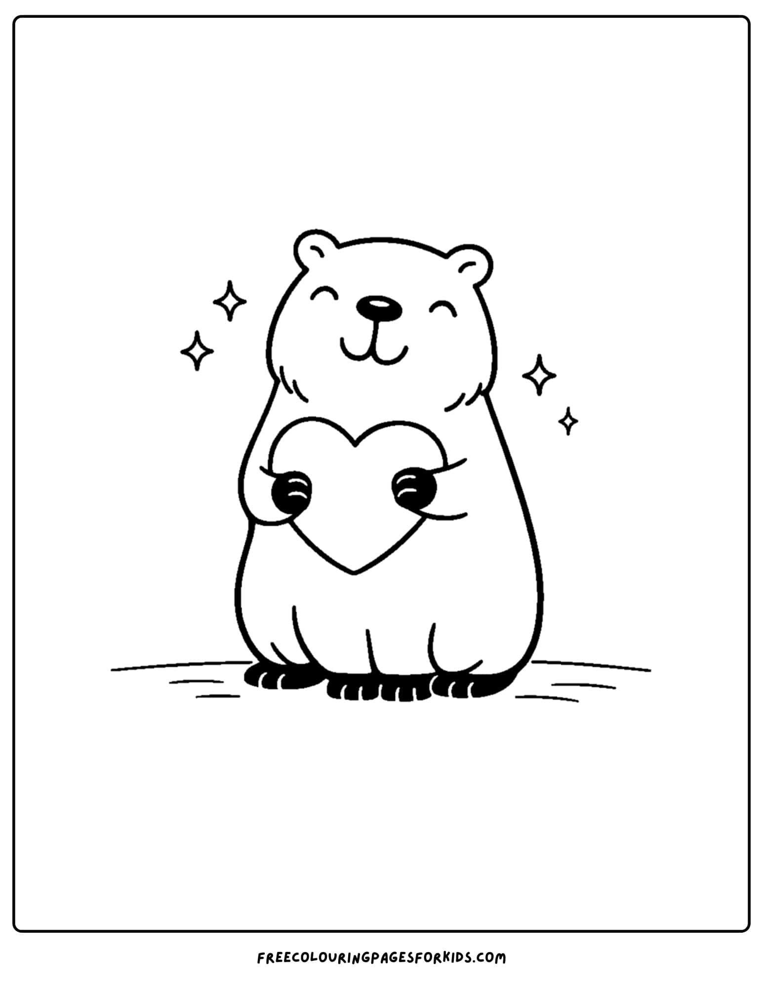 a coloring page of a capybara holding a big heart