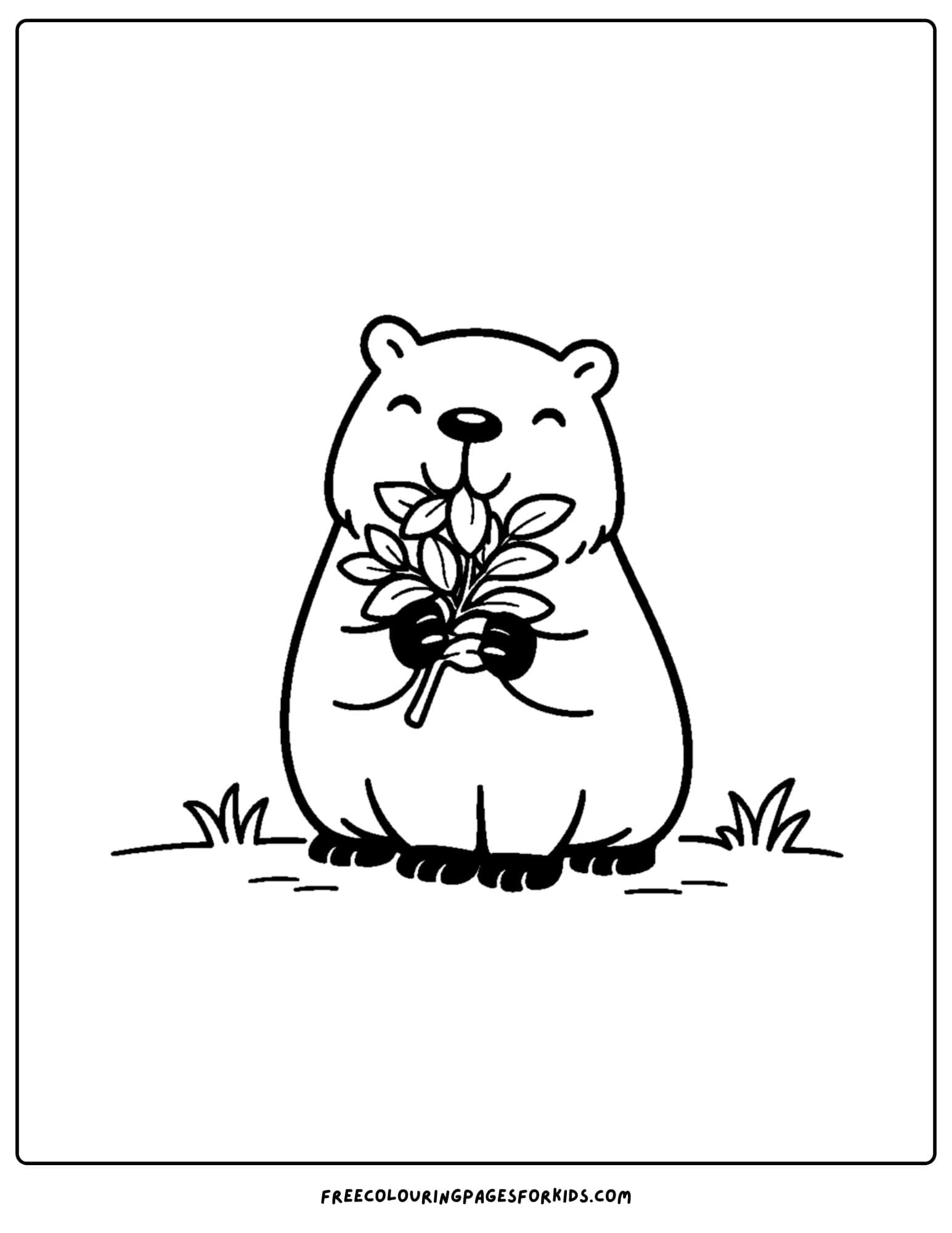 a coloring page of a capybara holding a bunch of leaves