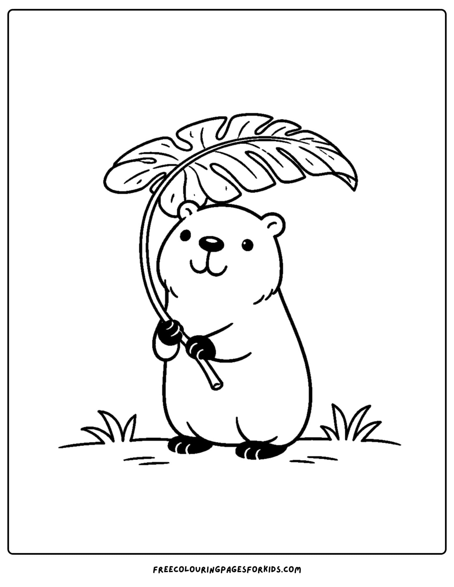 a coloring page of a capybara using a leaf as an umbrella