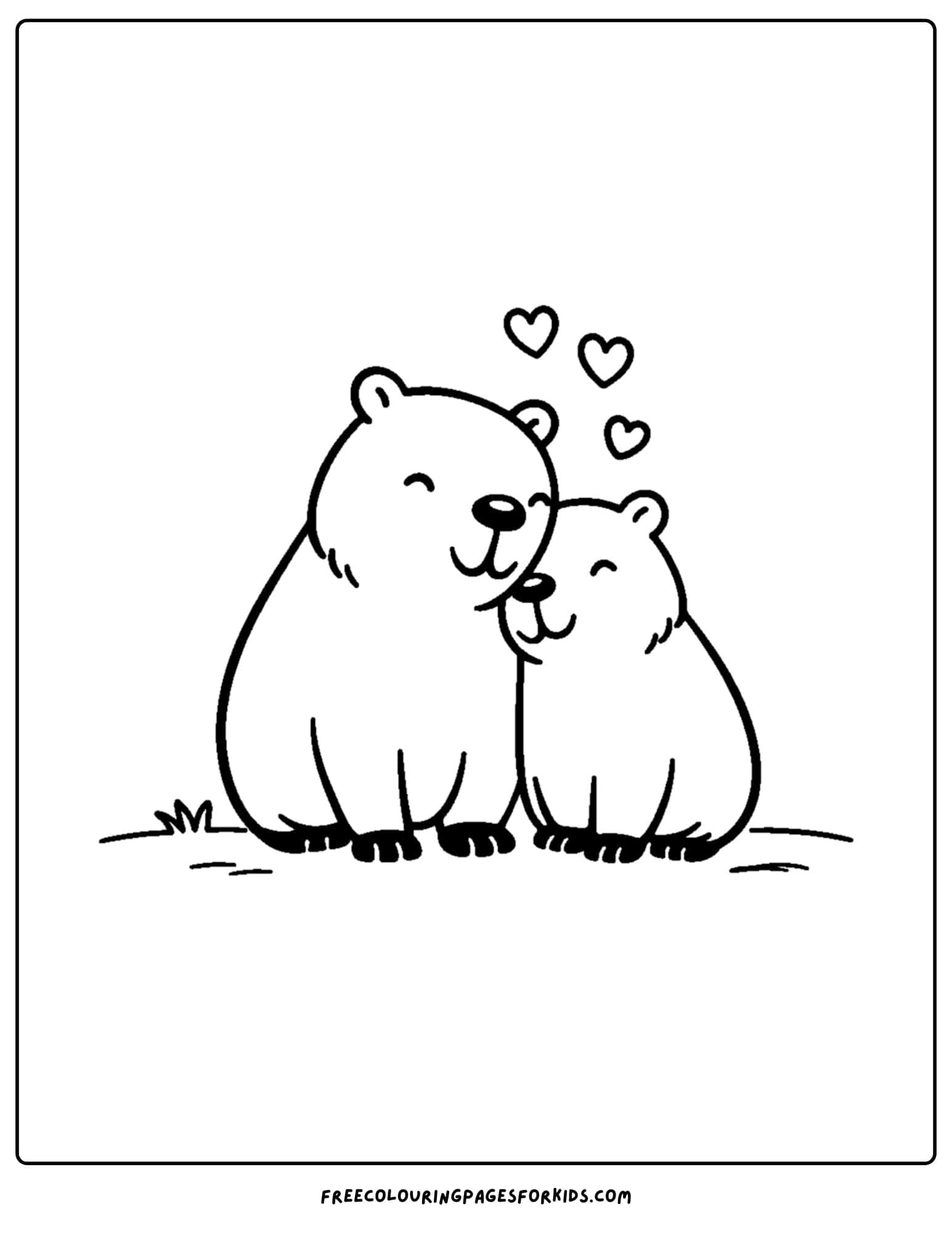 a coloring page of a capybara snuggling with a baby capybara