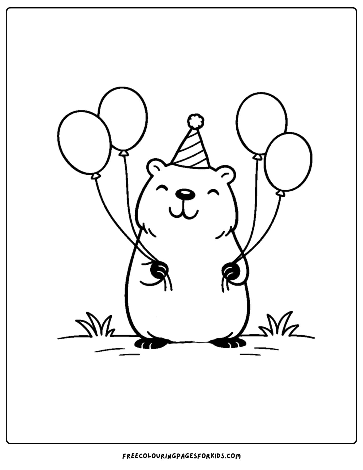 a coloring page of a capybara wearing a party hat and holding balloons