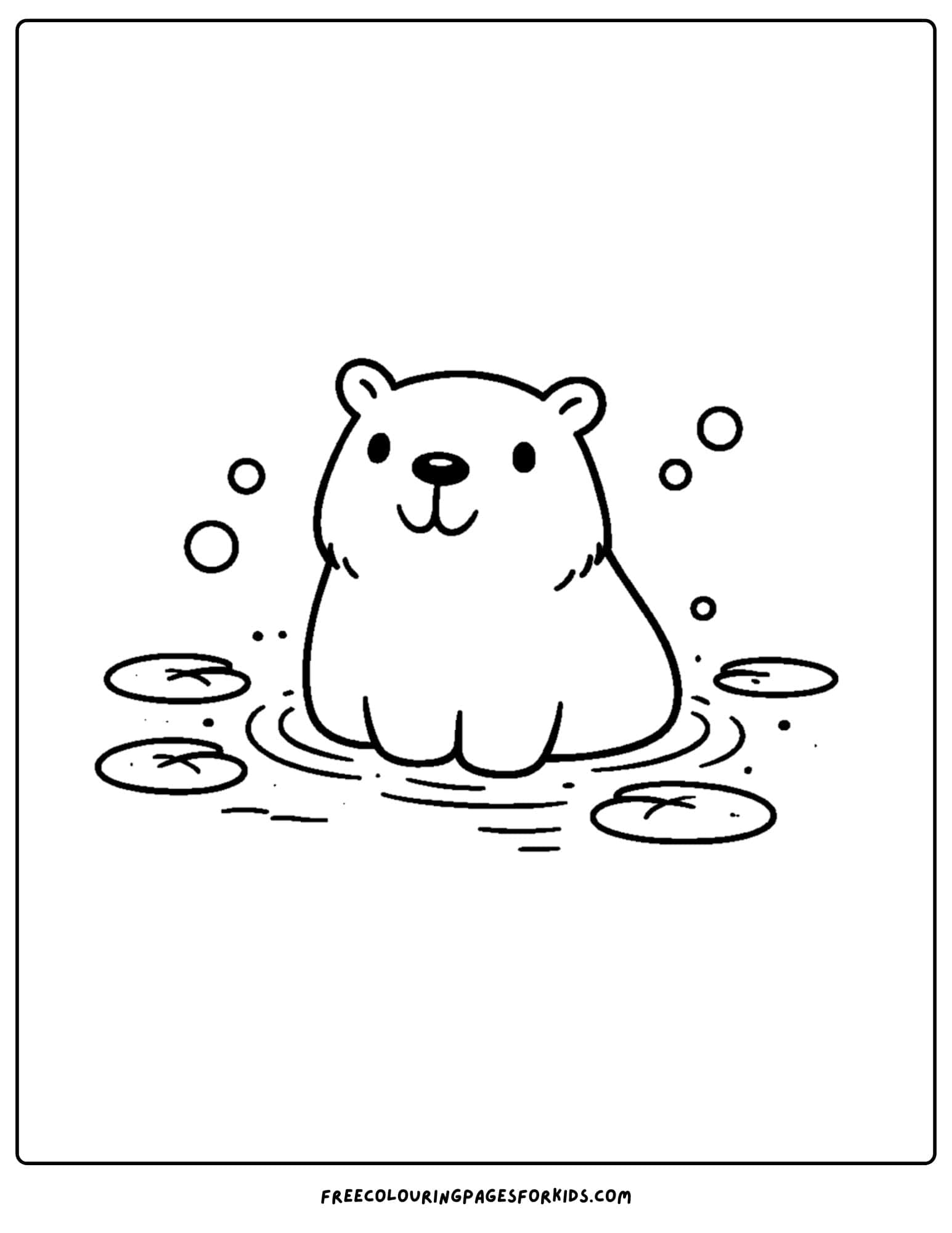 a coloring page of a capybara in a pond with lilypads
