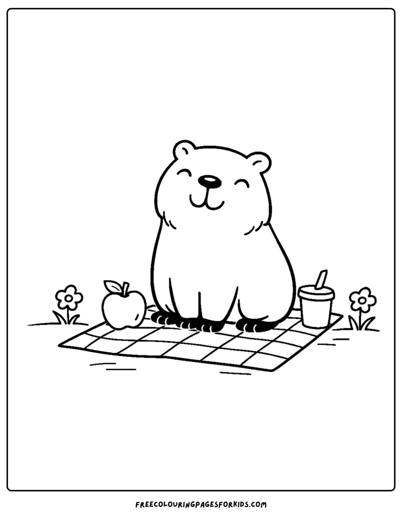 a coloring page of a capybara having a picnic