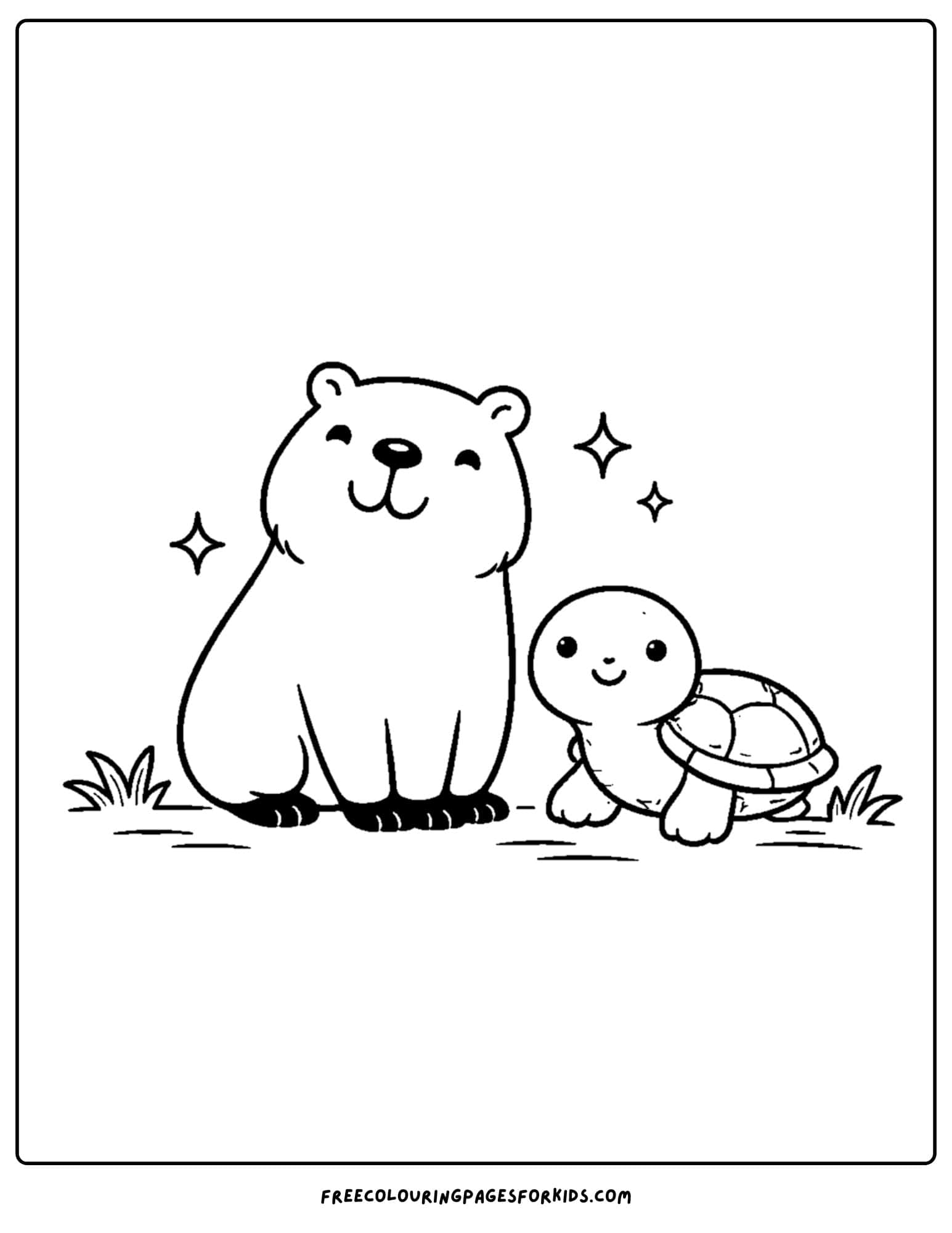 a coloring page of a capybara with a turtle friend