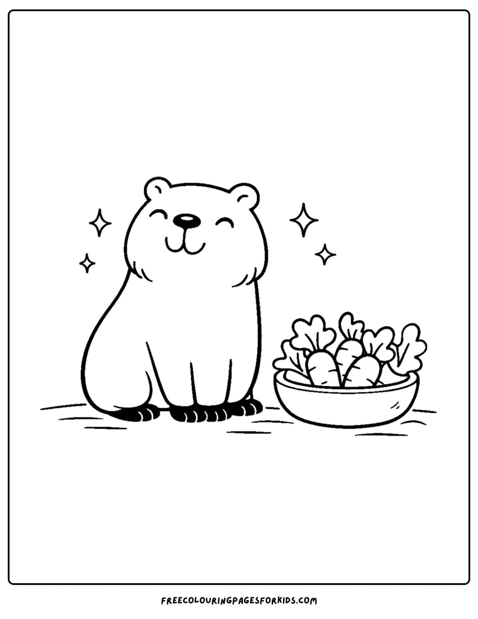 a coloring page of a capybara eating a bowl of vegetables