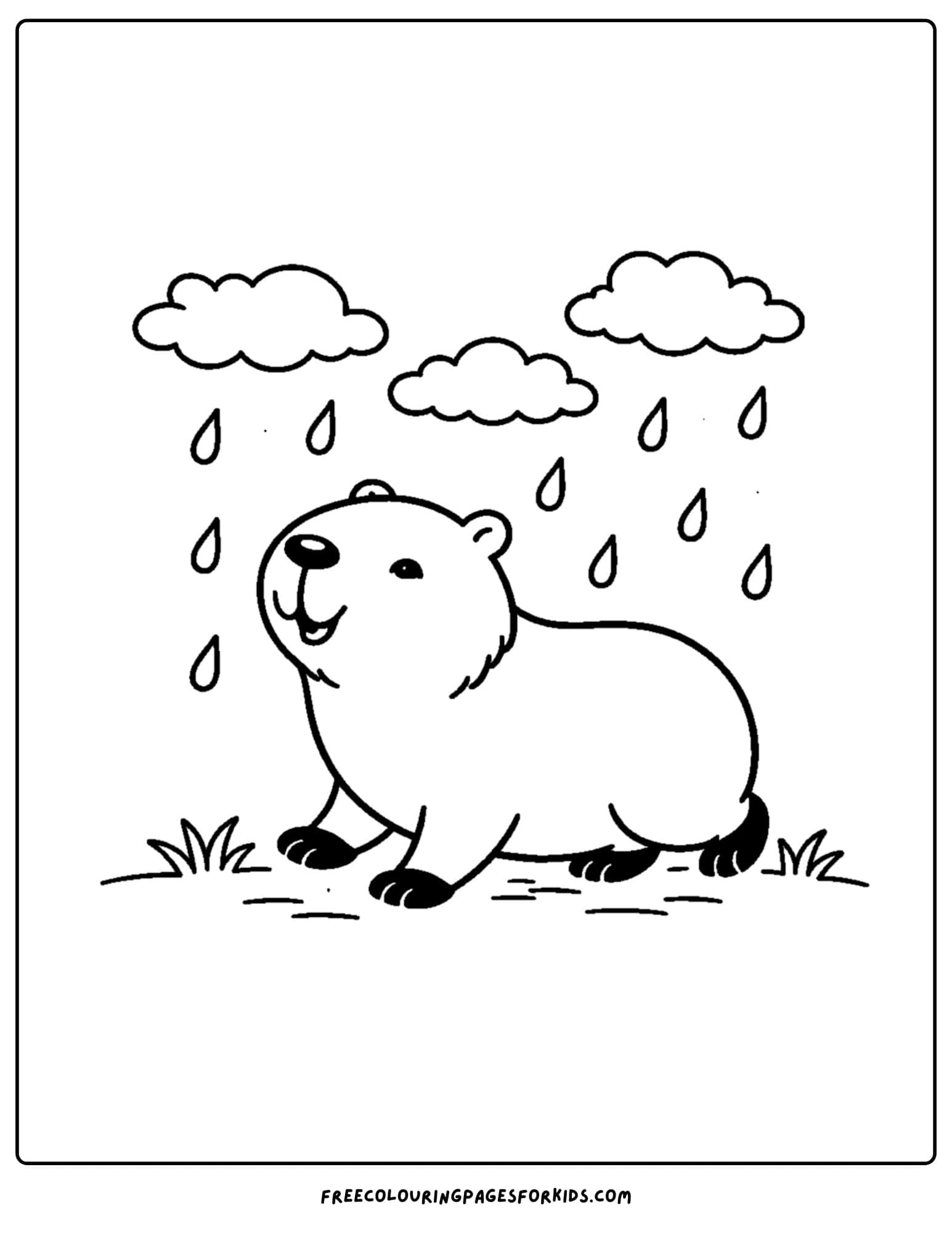 a coloring page of a capybara walking in the rain