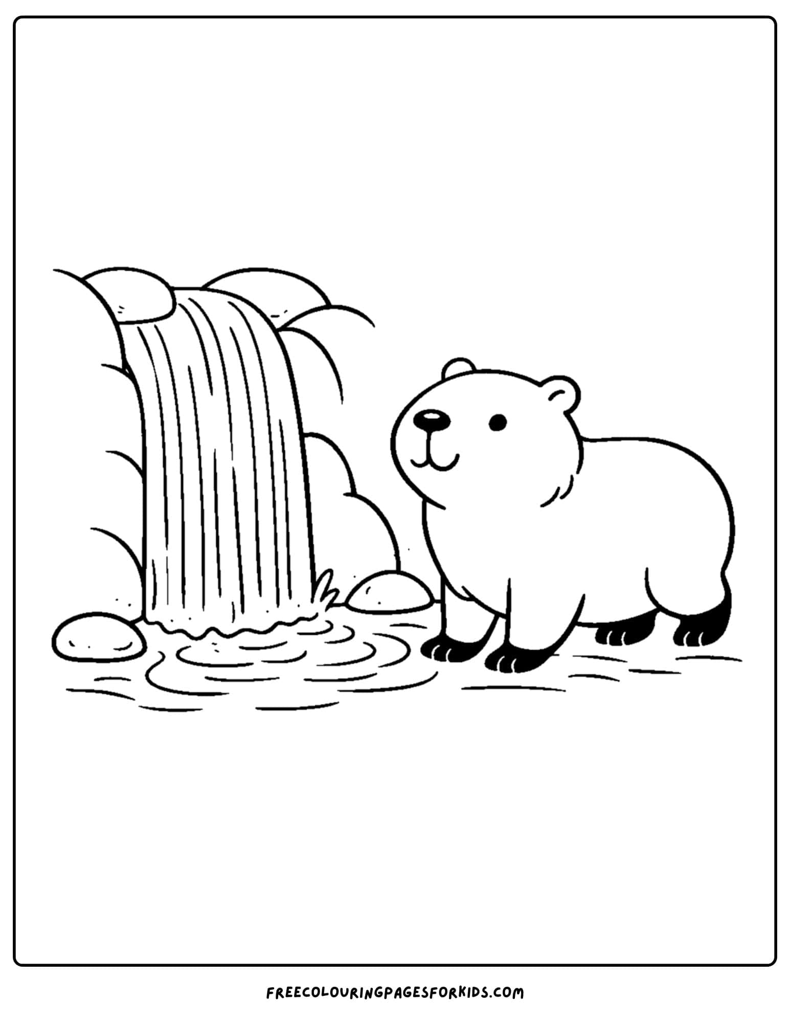 a coloring page of a capybara next to a waterfall