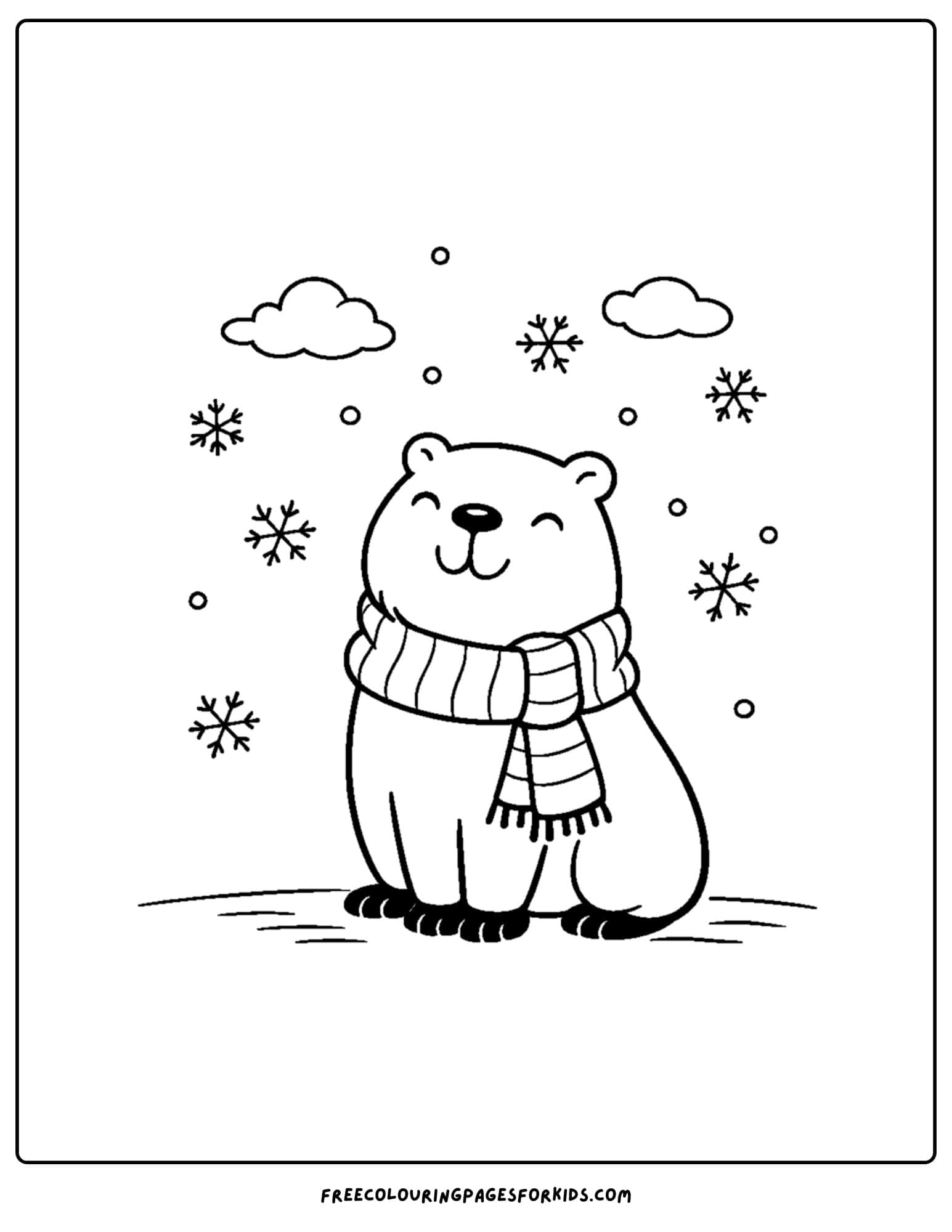 a coloring page of a capybara wearing a winter scarf in the snow