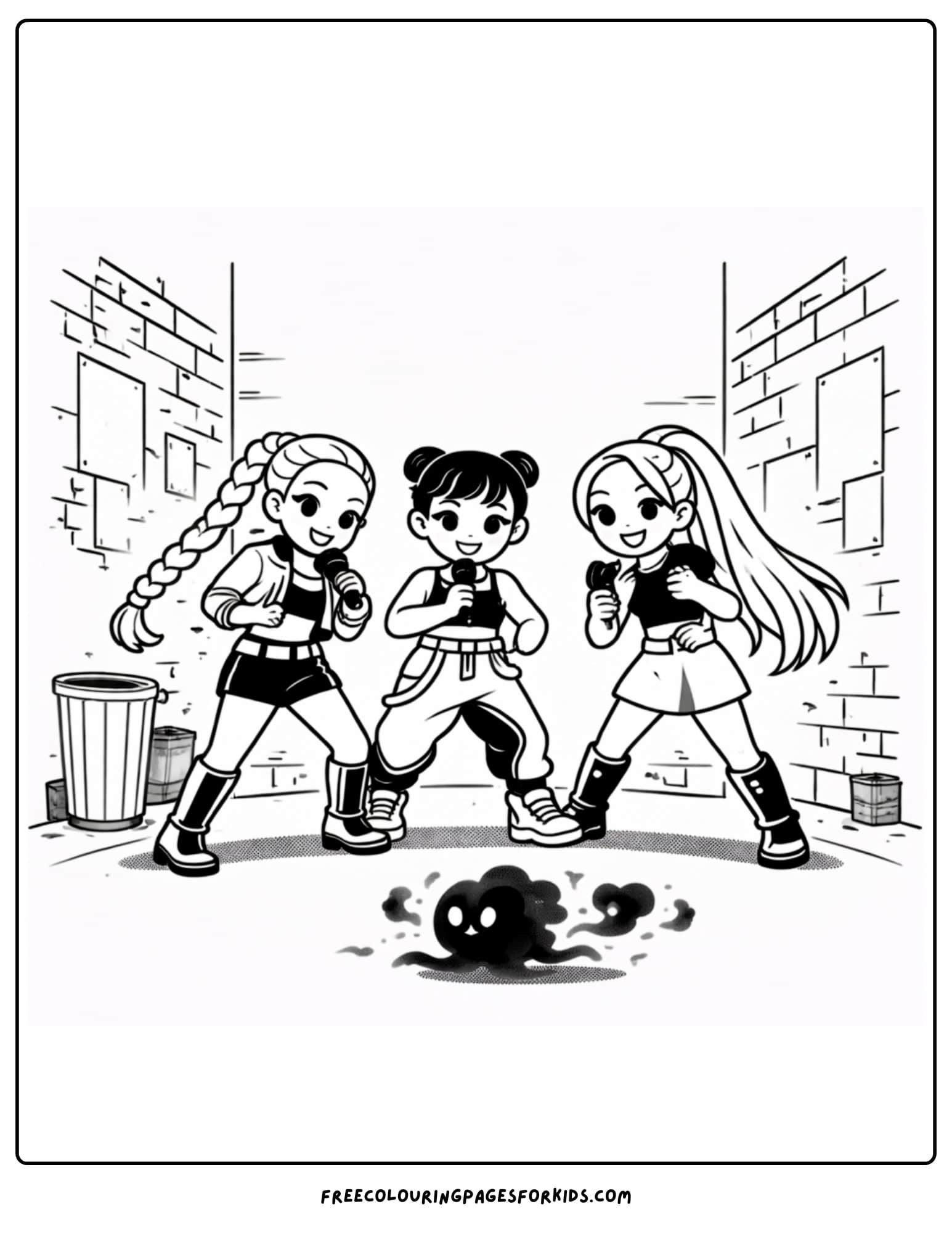 a kpop demon hunters coloring page with huntrix battling in a alley