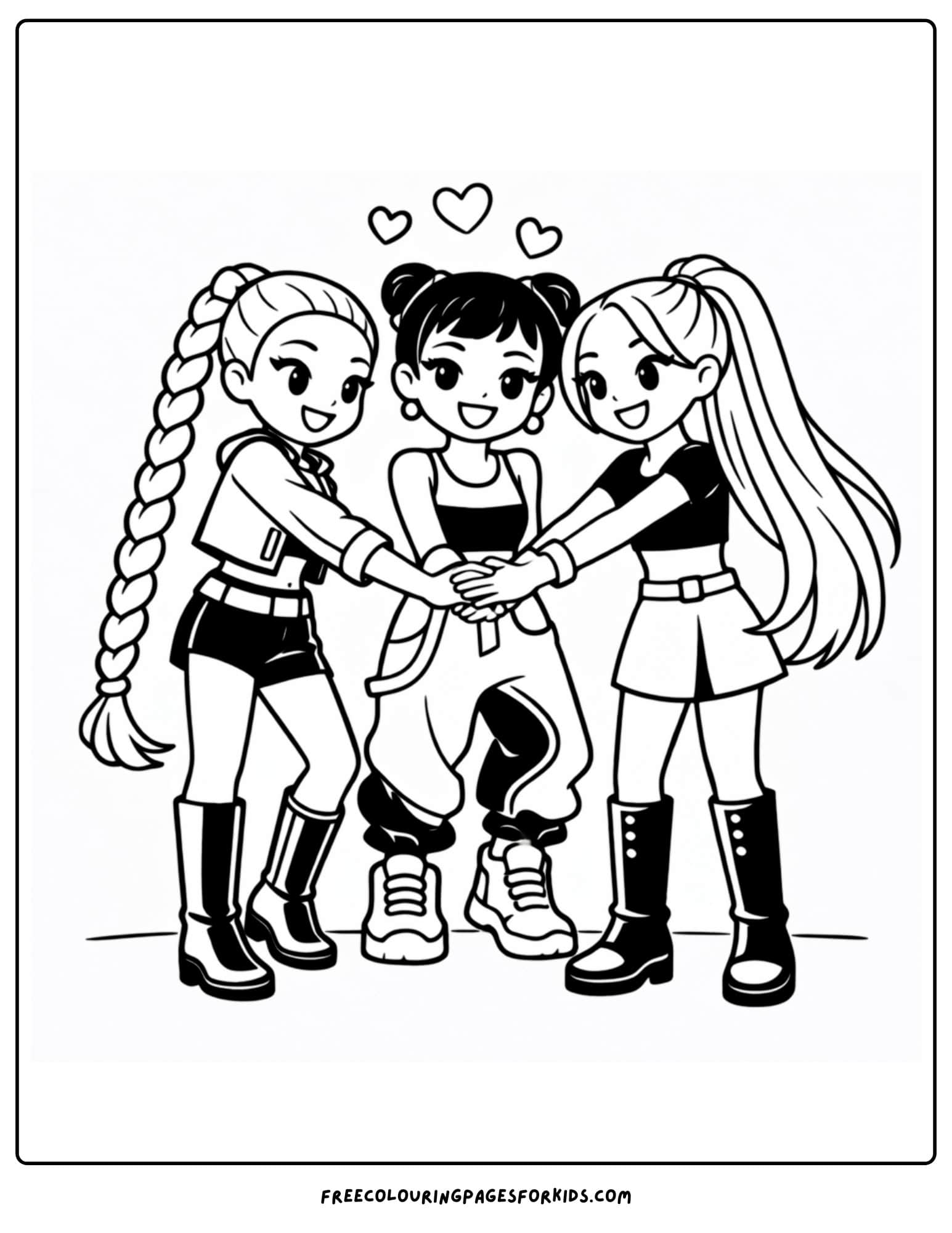 a kpop demon hunters coloring page with huntrix at a backstage team huddle