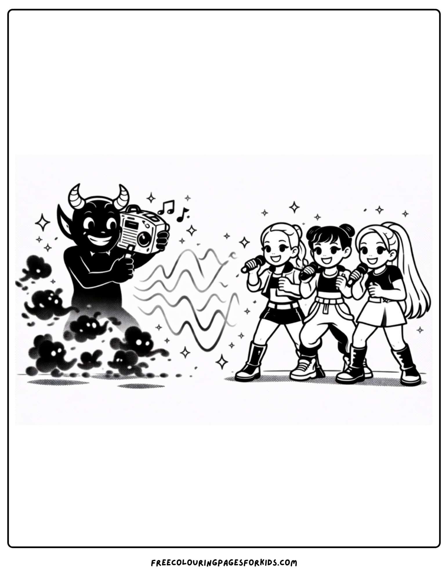 a kpop demon hunters coloring page with huntrix in a demon battle
