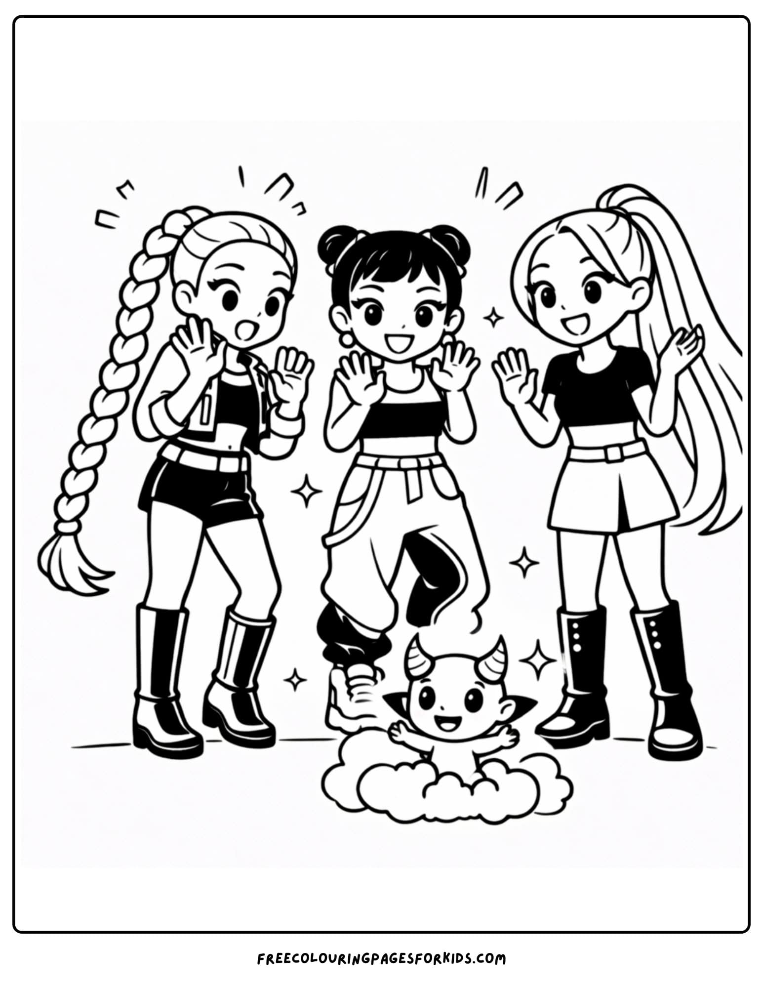 a kpop demon hunters coloring page with rumi, zoey and mira