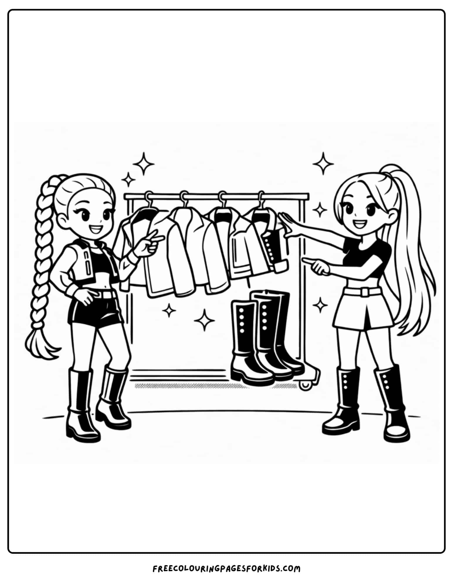 a kpop demon hunters coloring page picking outfits