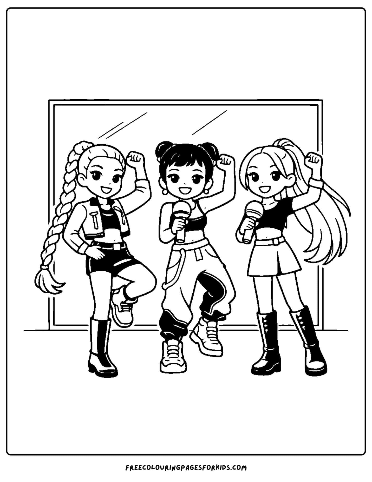 a kpop demon hunters coloring page with huntrix doing a dance practice
