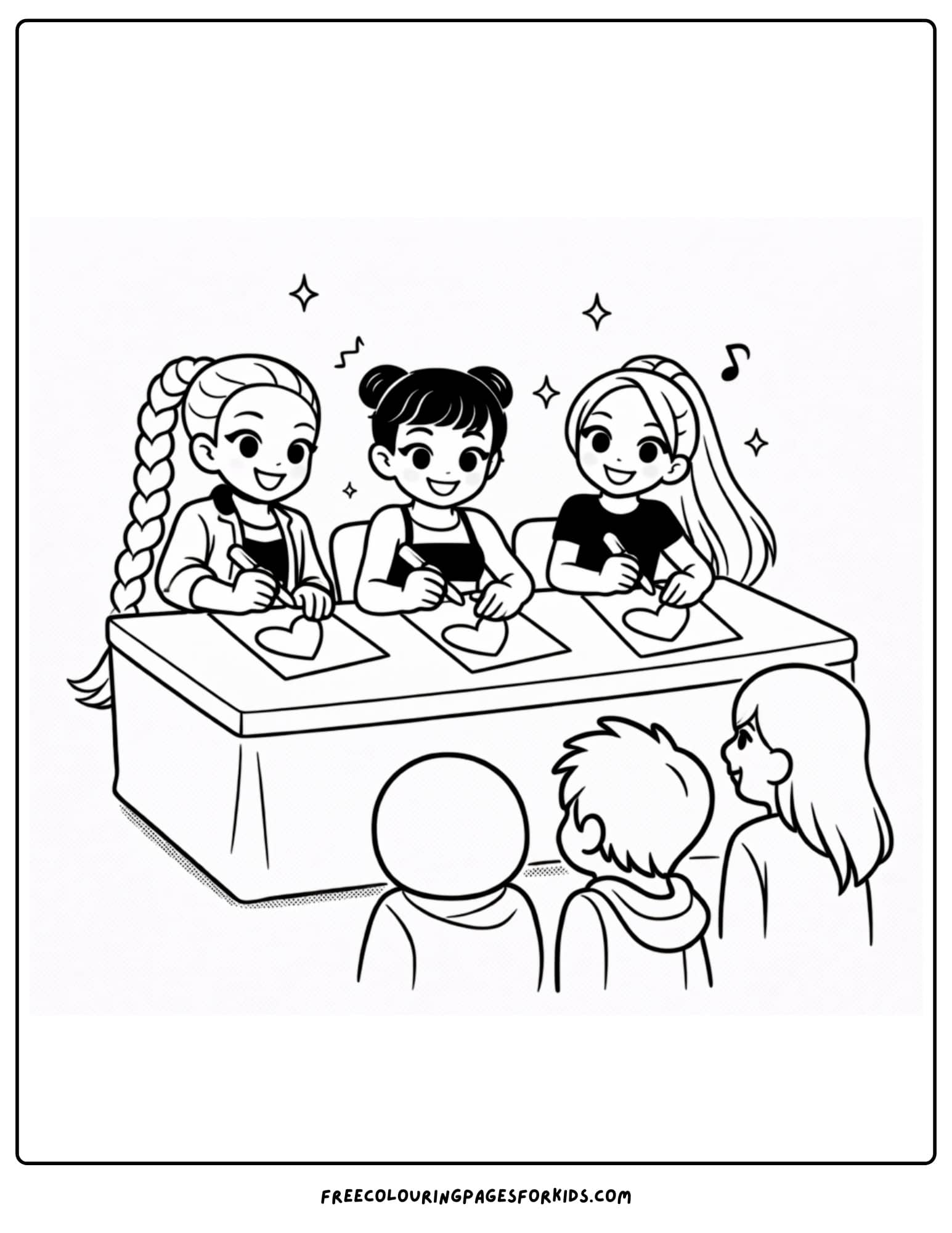 a kpop demon hunters coloring page with huntrix at a fan meet