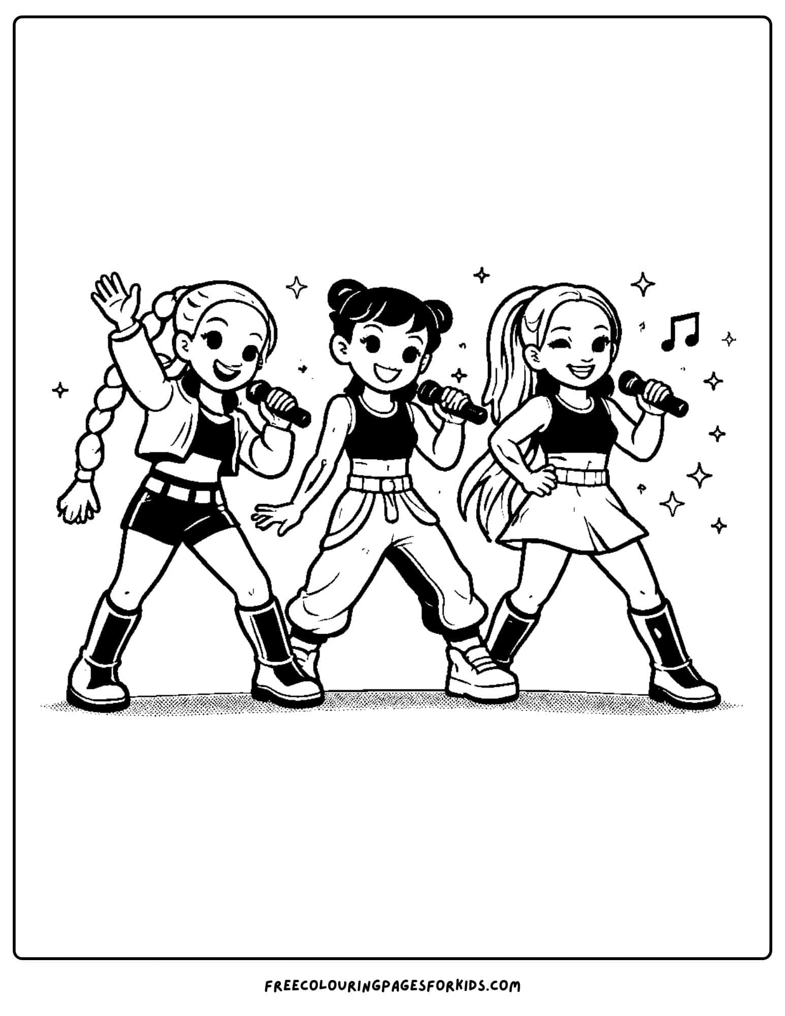 a kpop demon hunters coloring page with rumi, zoey and mira performing