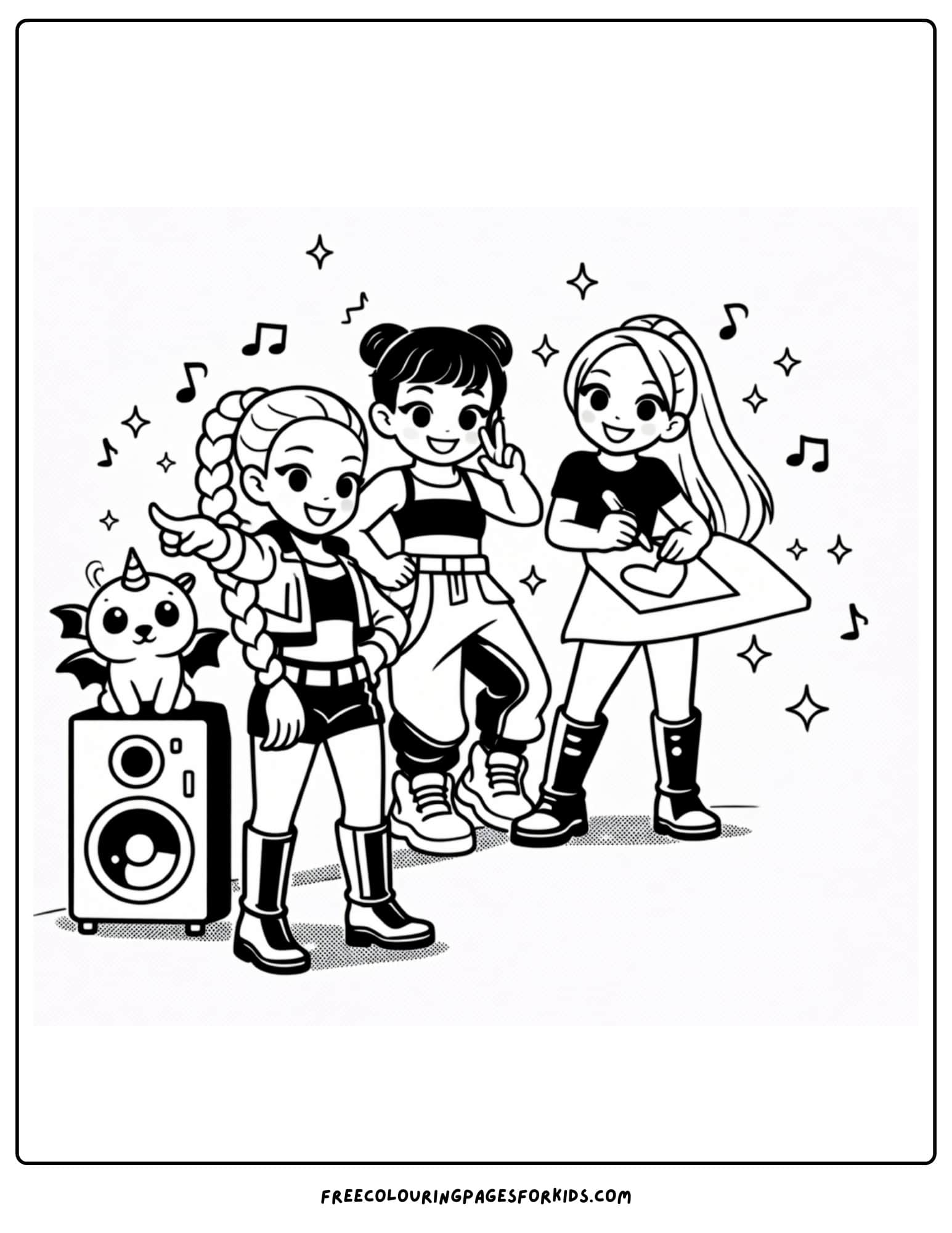 a kpop demon hunters coloring page with huntrix