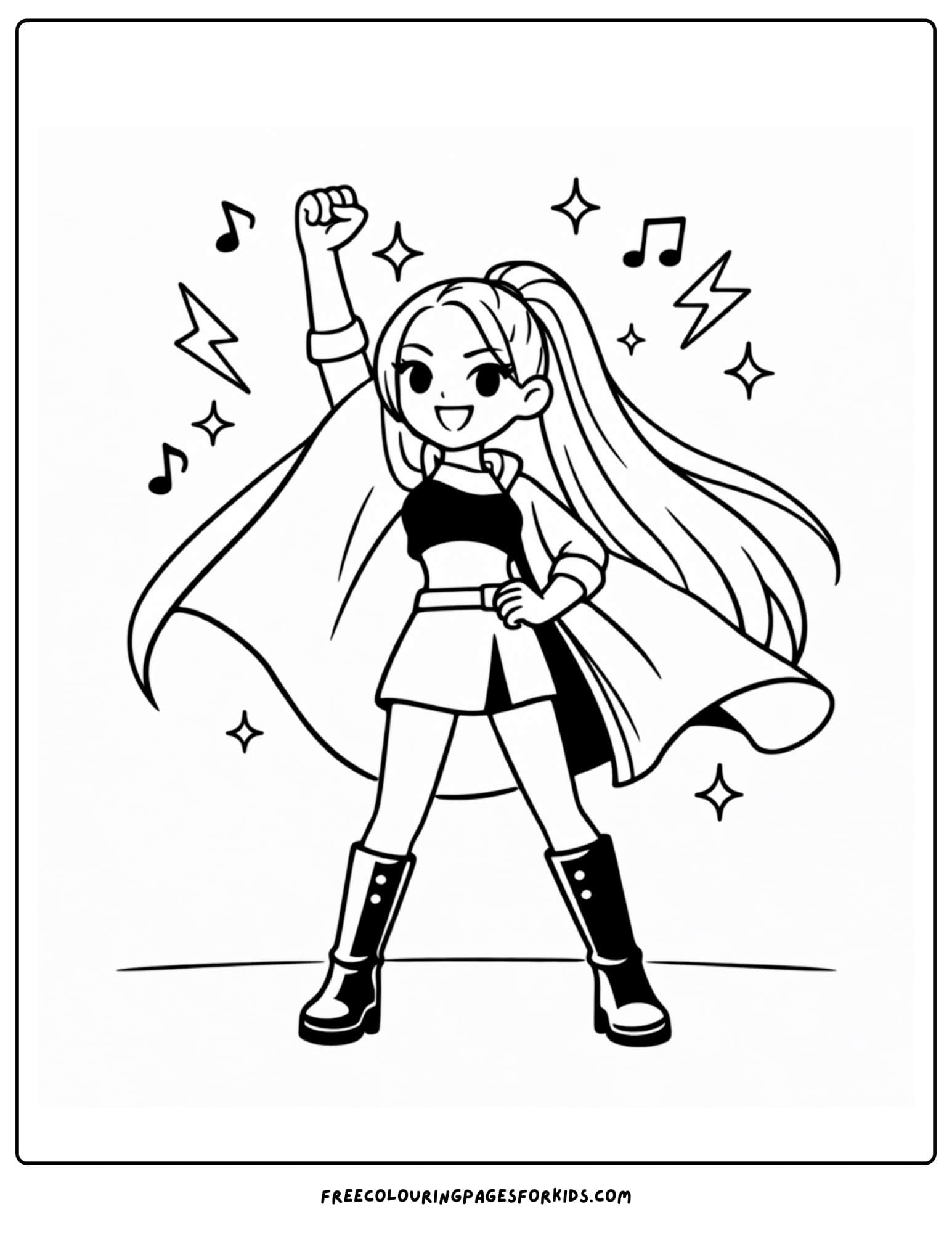 a kpop demon hunters coloring page with mira in a hero pose