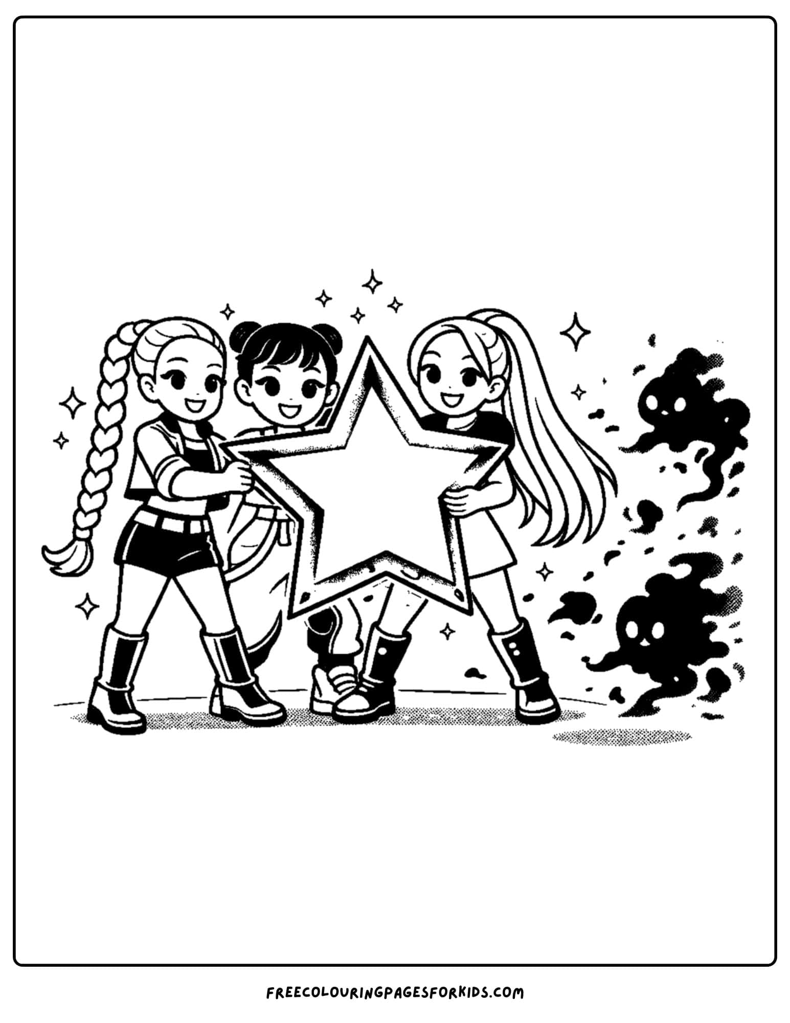 a kpop demon hunters coloring page with huntrix and a star shield