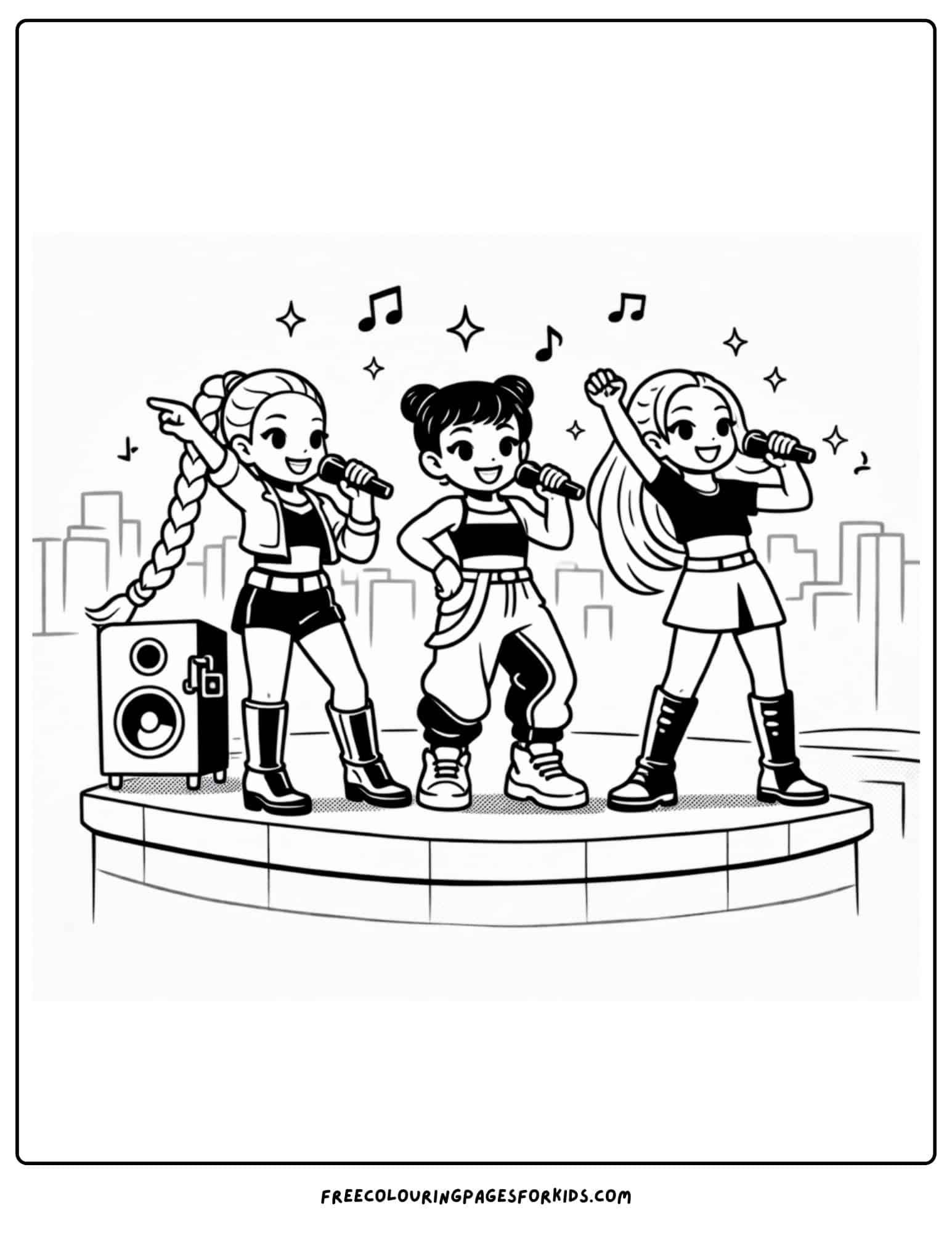 a kpop demon hunters coloring page with huntrix performing on stage