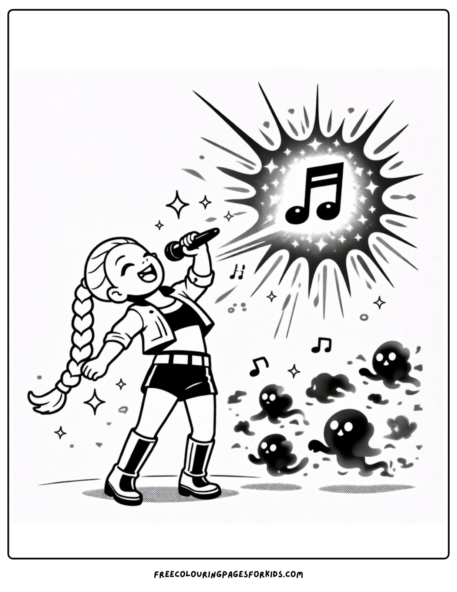 a kpop demon hunters coloring page with rumi hitting a high note