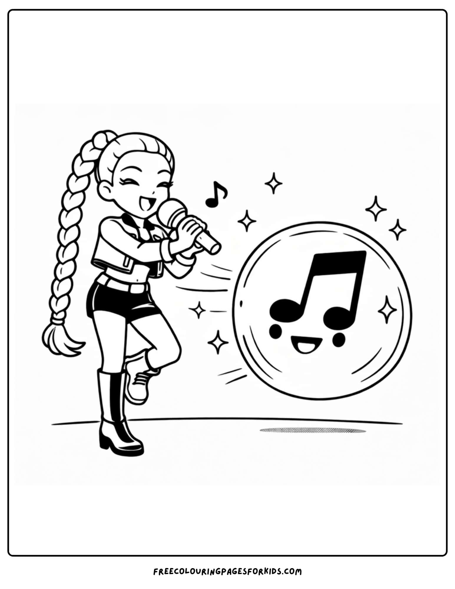a kpop demon hunters coloring page with rumi singing