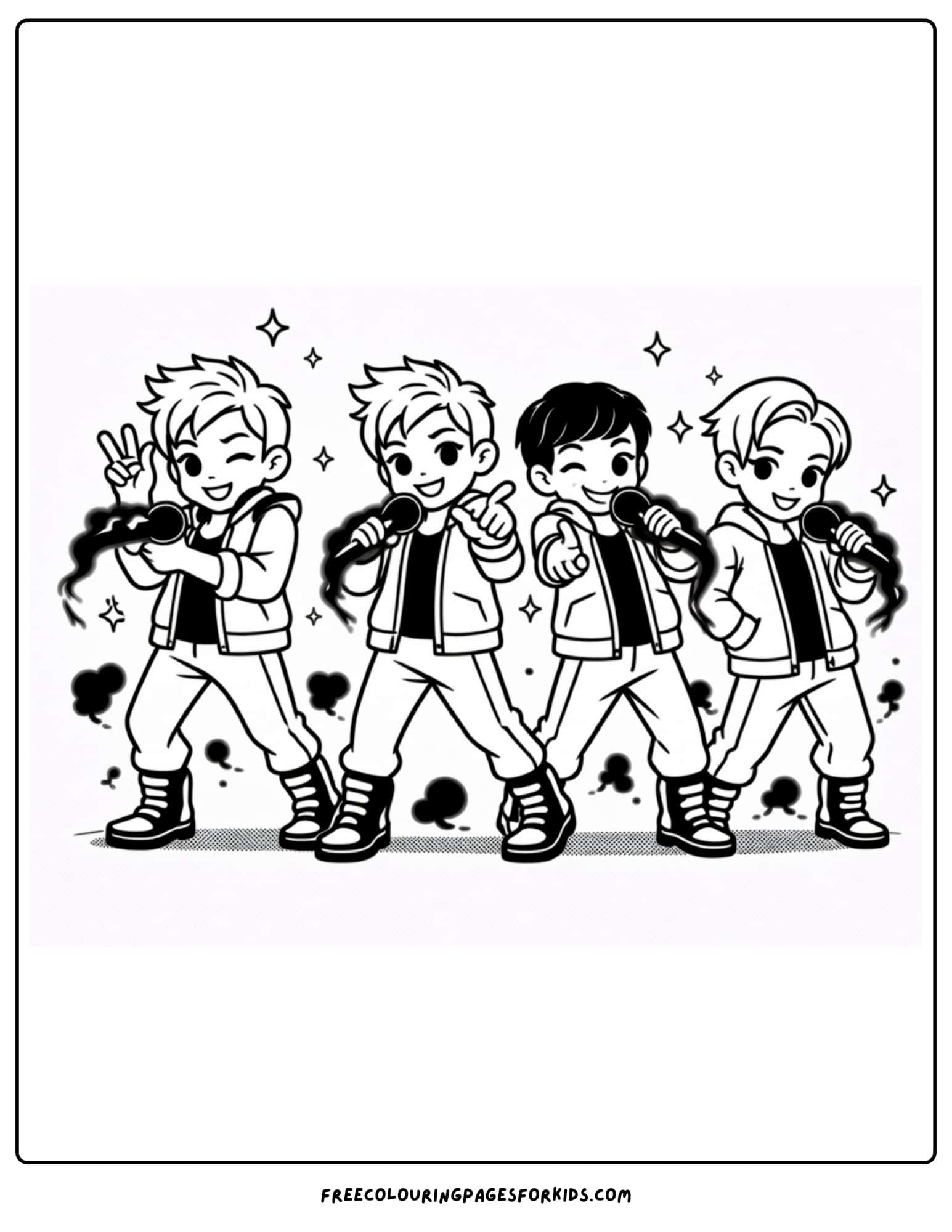 a kpop demon hunters coloring page with the saja boys performing