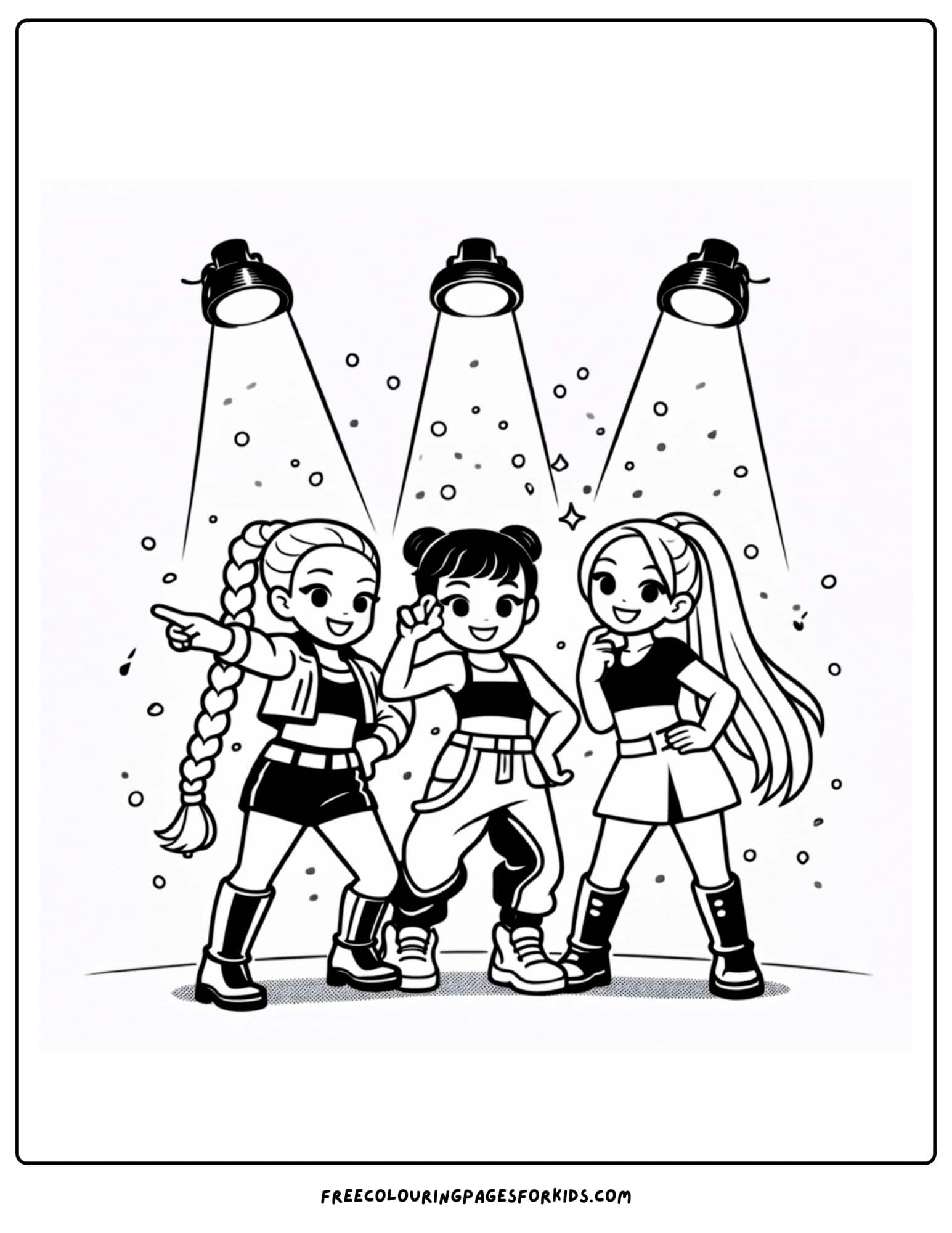a kpop demon hunters coloring page with a spotlight on the huntrix band