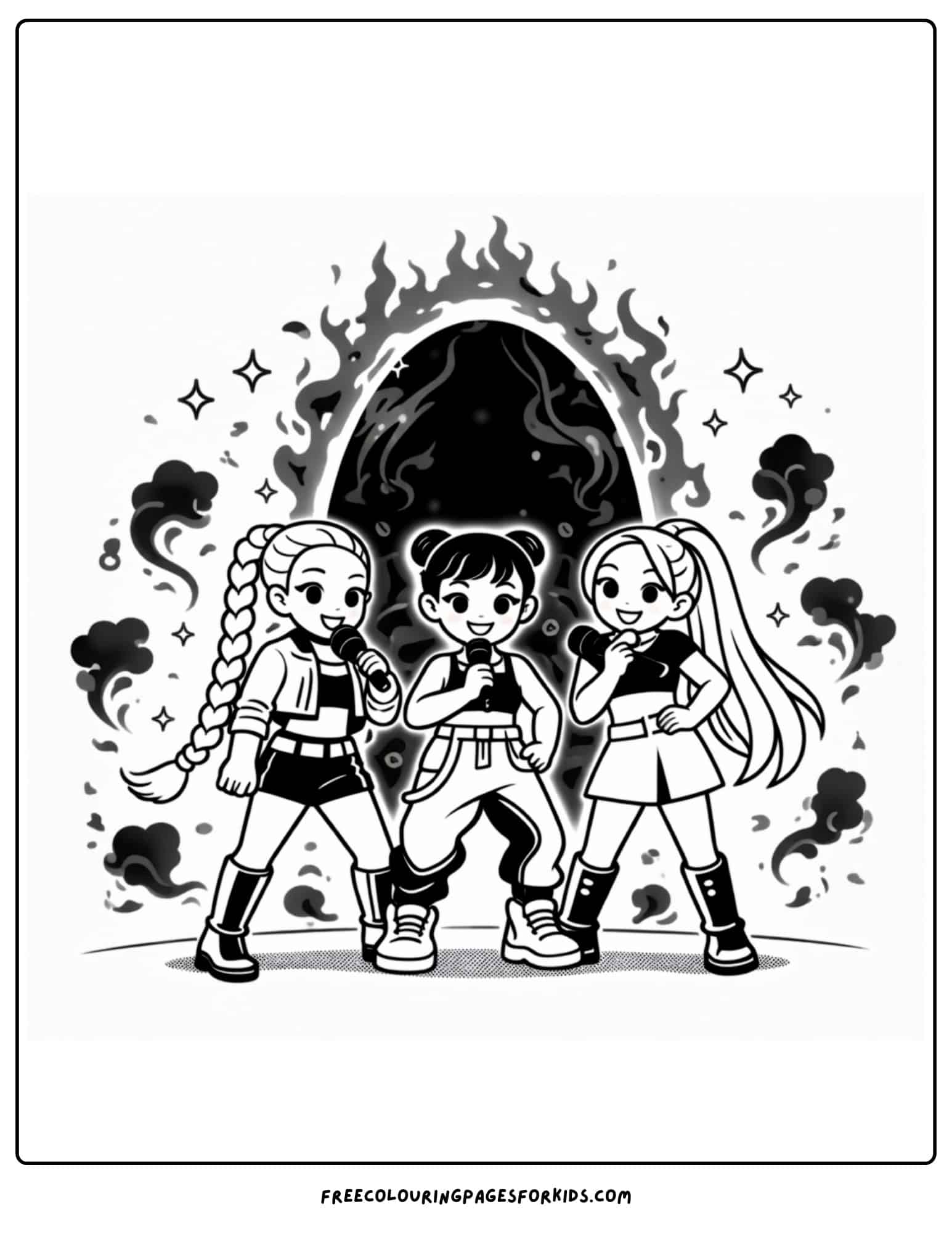 a kpop demon hunters coloring page with a portal appearing behind rimu, zoey and mira