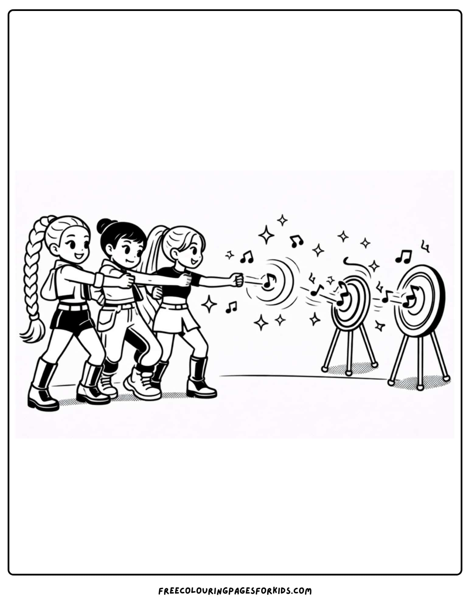 a kpop demon hunters coloring page with the girls training