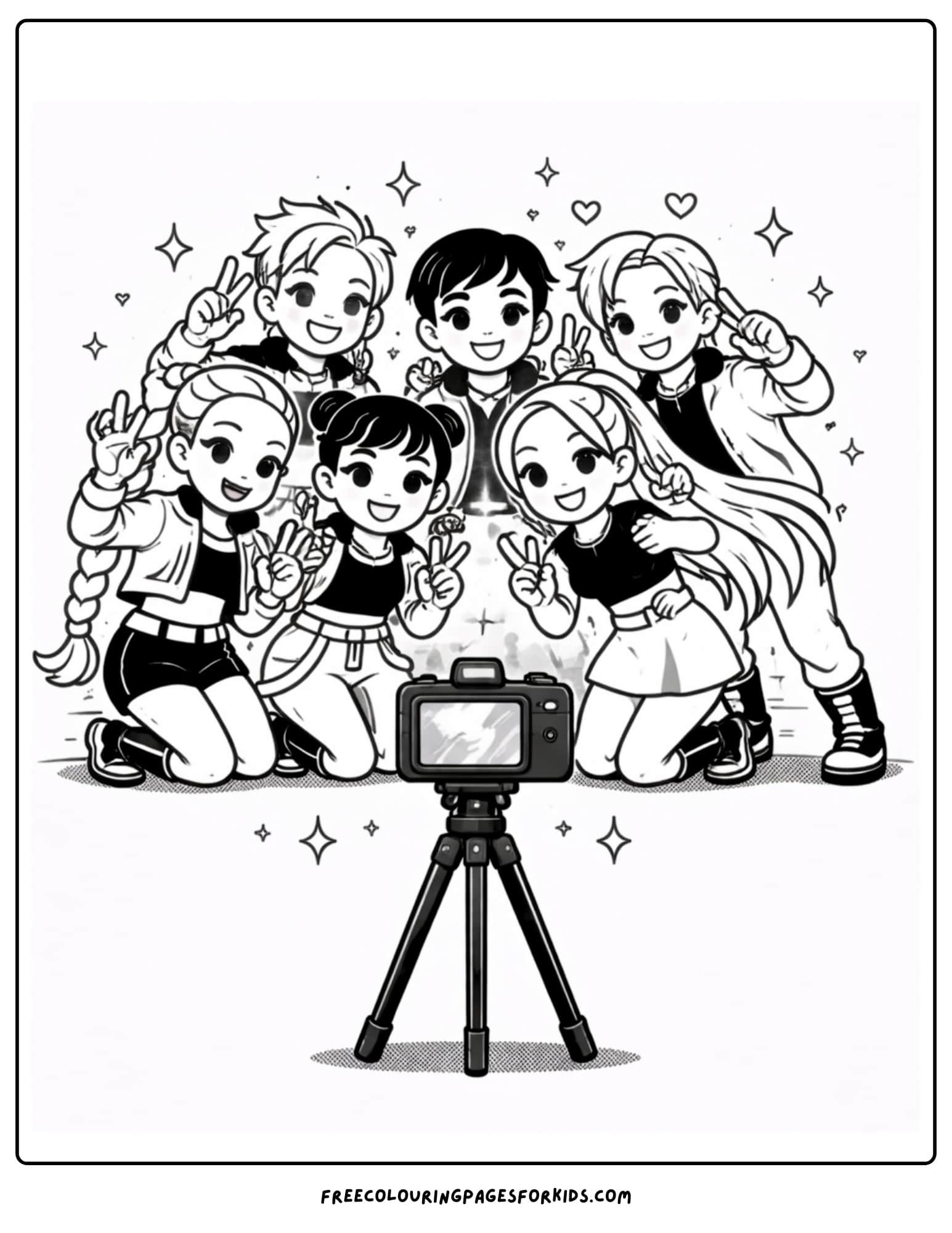 a kpop demon hunters coloring page with huntrix posing for a photo