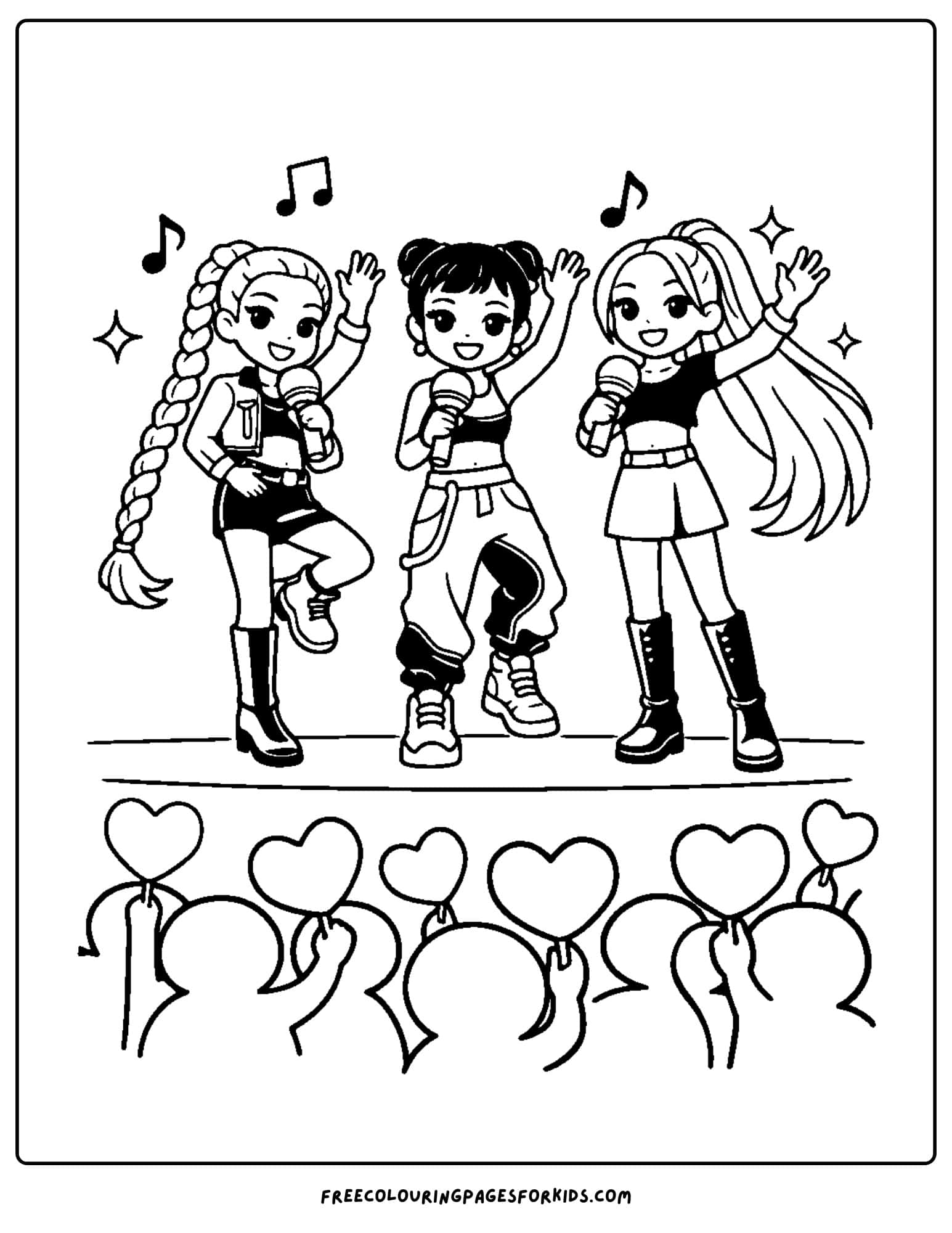 a kpop demon hunters coloring page with the band huntrix performing