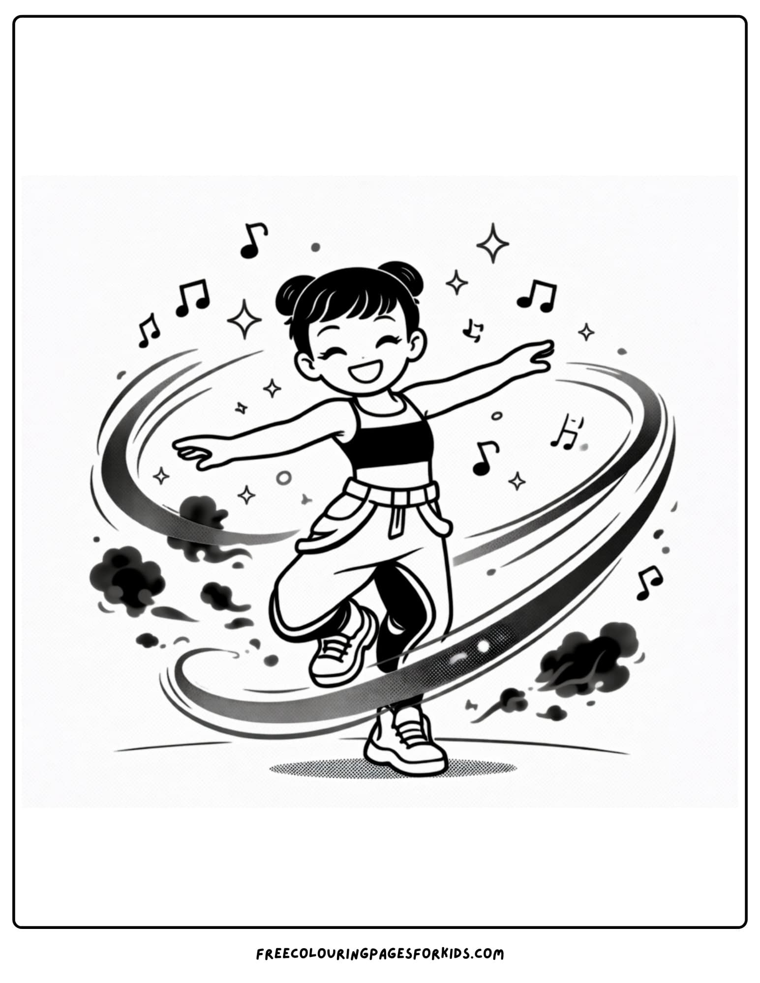 a kpop demon hunters coloring page with zoey performing a spin attack