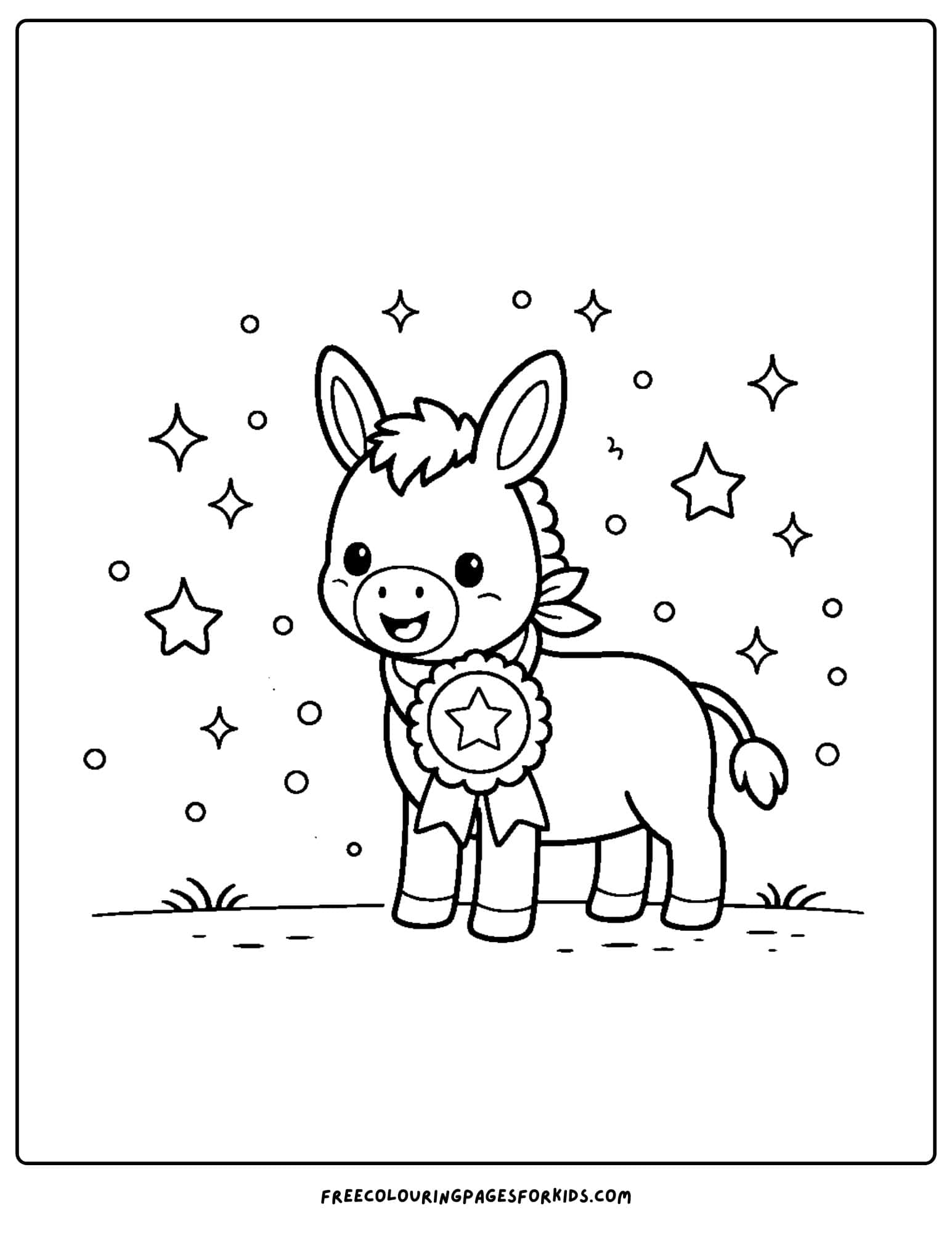a coloring page of a donkey with an award ribbon
